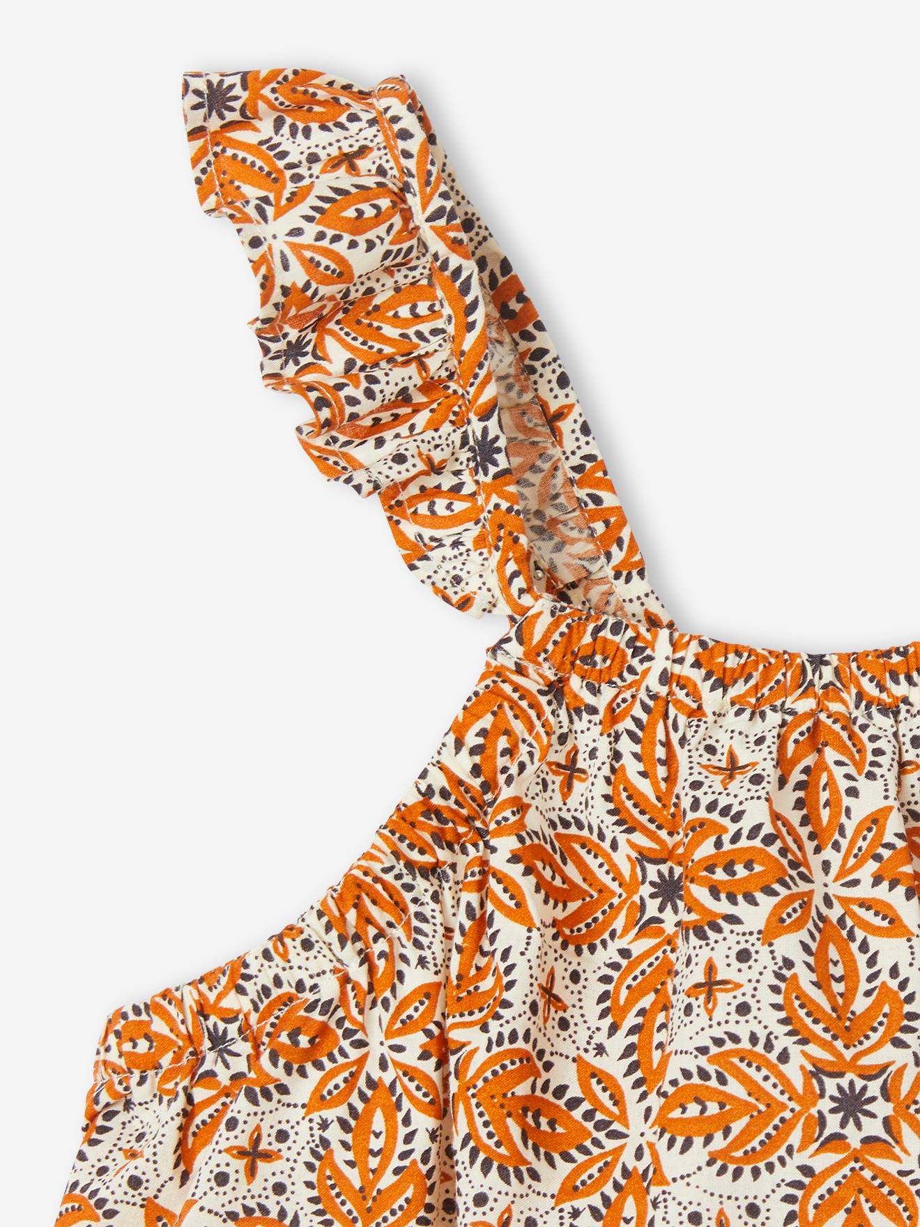 Robe à bretelles volantées imprimée ethnique fille écru