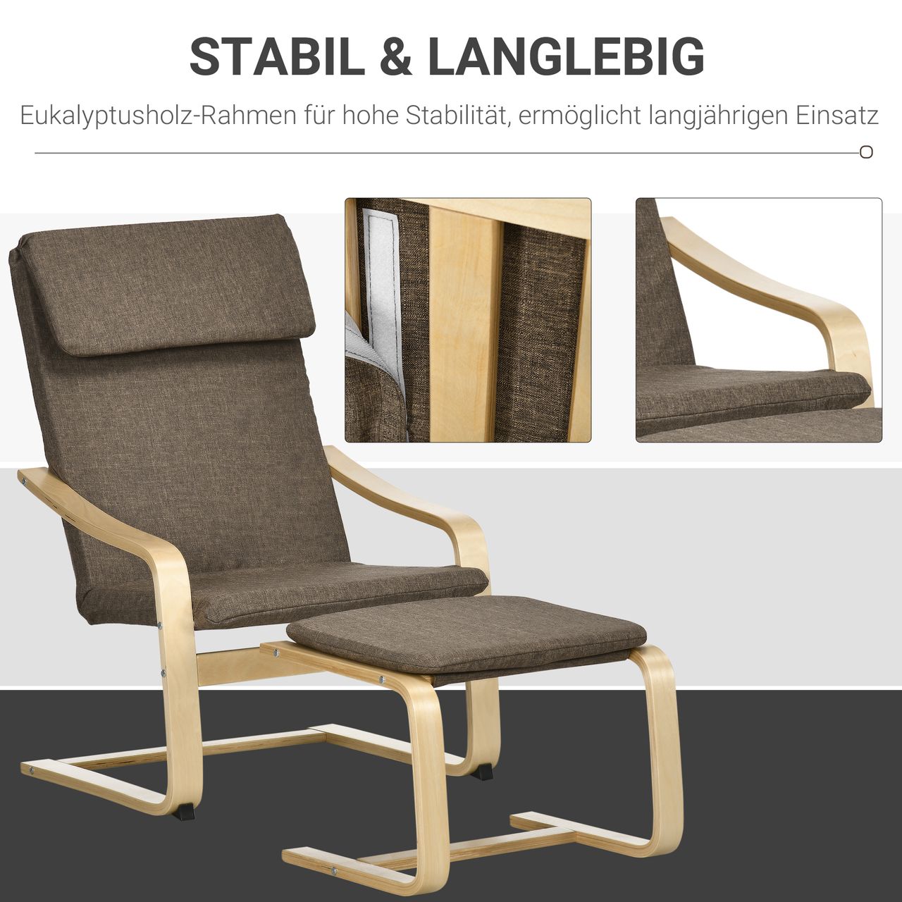 HOMCOM Relaxsessel mit Fußhocker Armlehnensessel Leinenbezug Holzgestell Braun