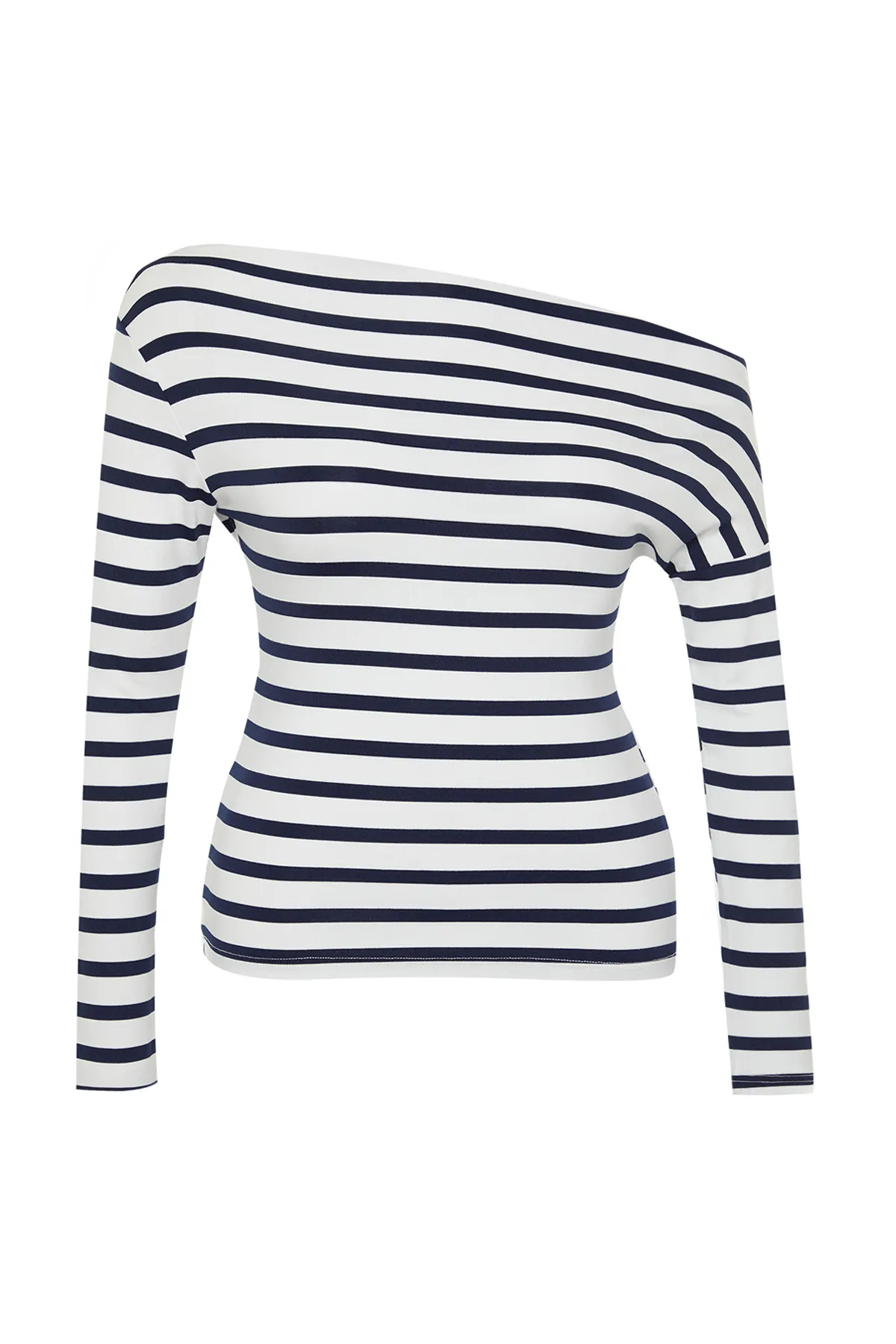Trendyol Curve  Marineblau gestreifte Stretch-Strickbluse aus hochwertigem, weichem Stoff mit U-Boot-Ausschnitt und taillierter Passform TBBSS24AF00037