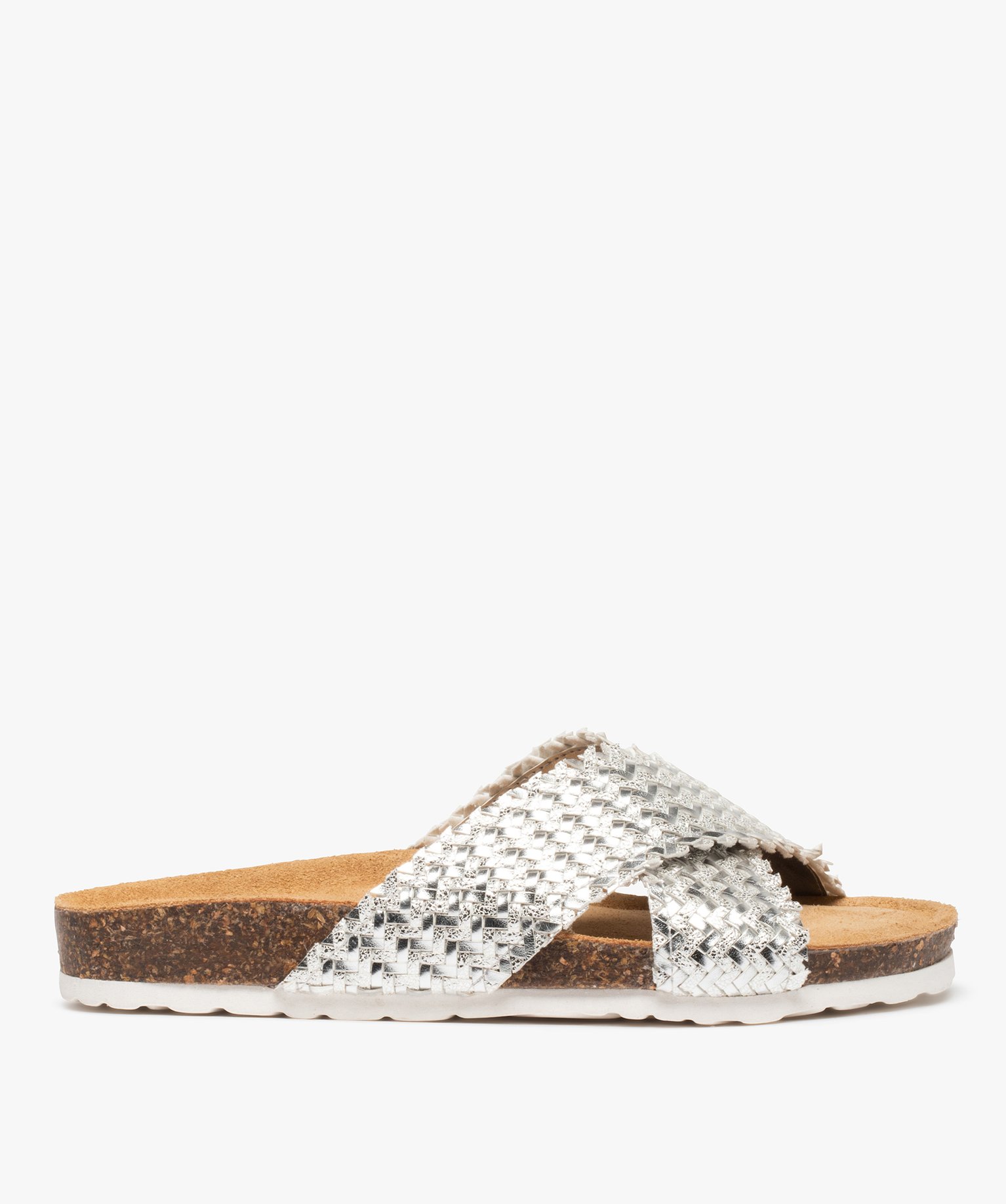 Mules femme plates à brides tressées métallisées gris | GEMO