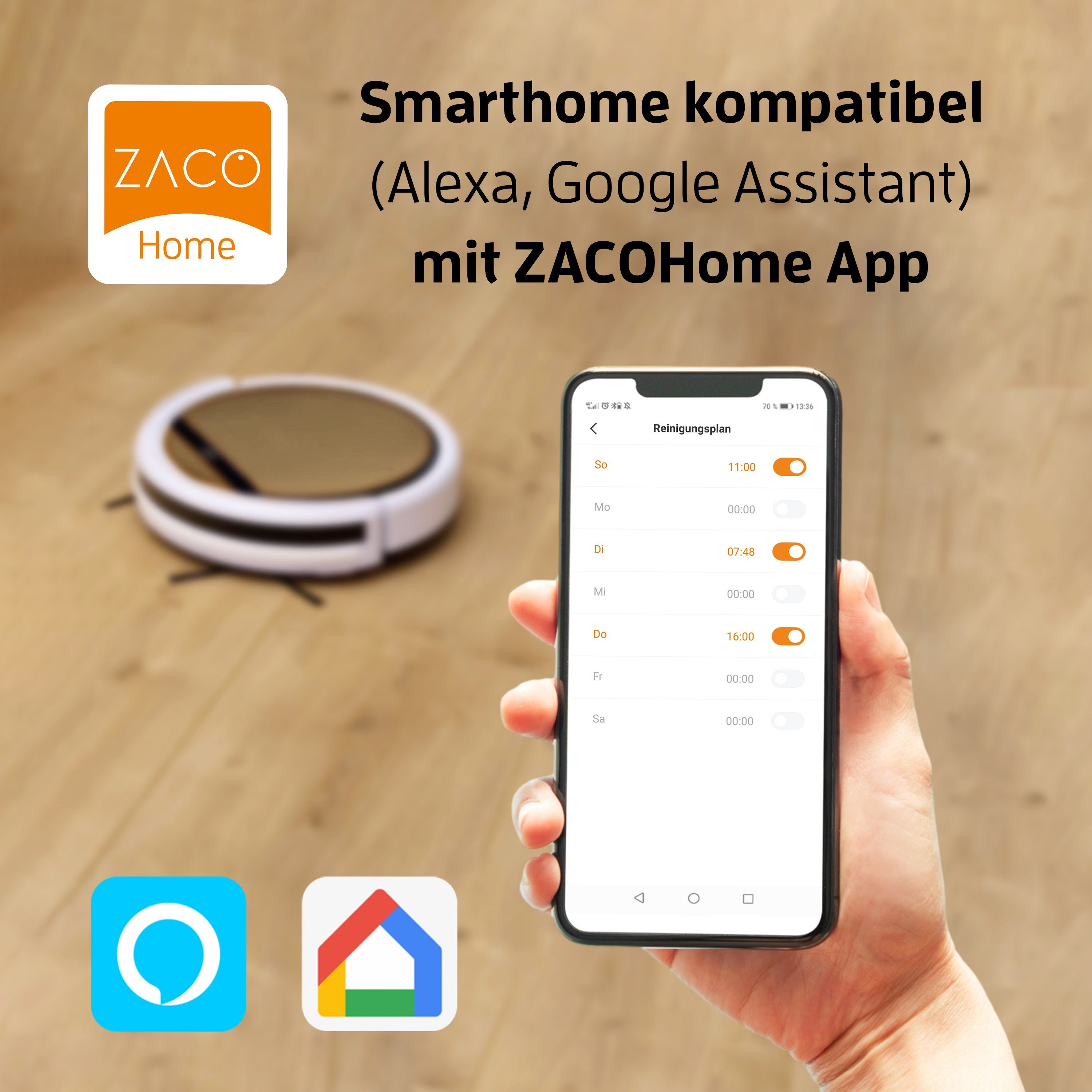 ZACO Nass-Trocken-Saugroboter V5x, 22 W, beutellos, mit Wischfunktion, App, Alexa Sprachsteuerung, Tierhaar, Timer, leise