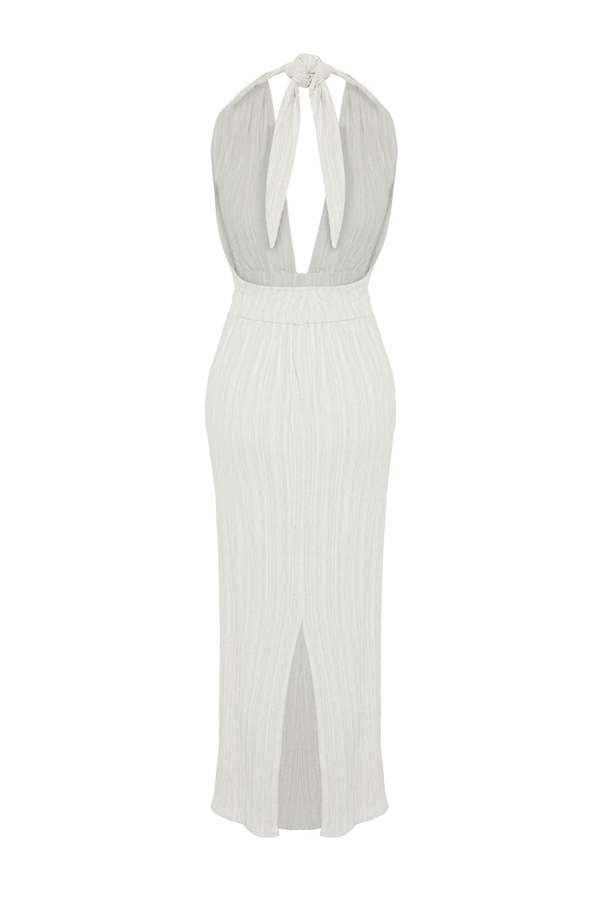 Trendyol Collection  Ecrufarbenes Maxi-Strandkleid aus Leinenmischung mit gewebtem Rücken und tiefem Ausschnitt TBESS24EL00096