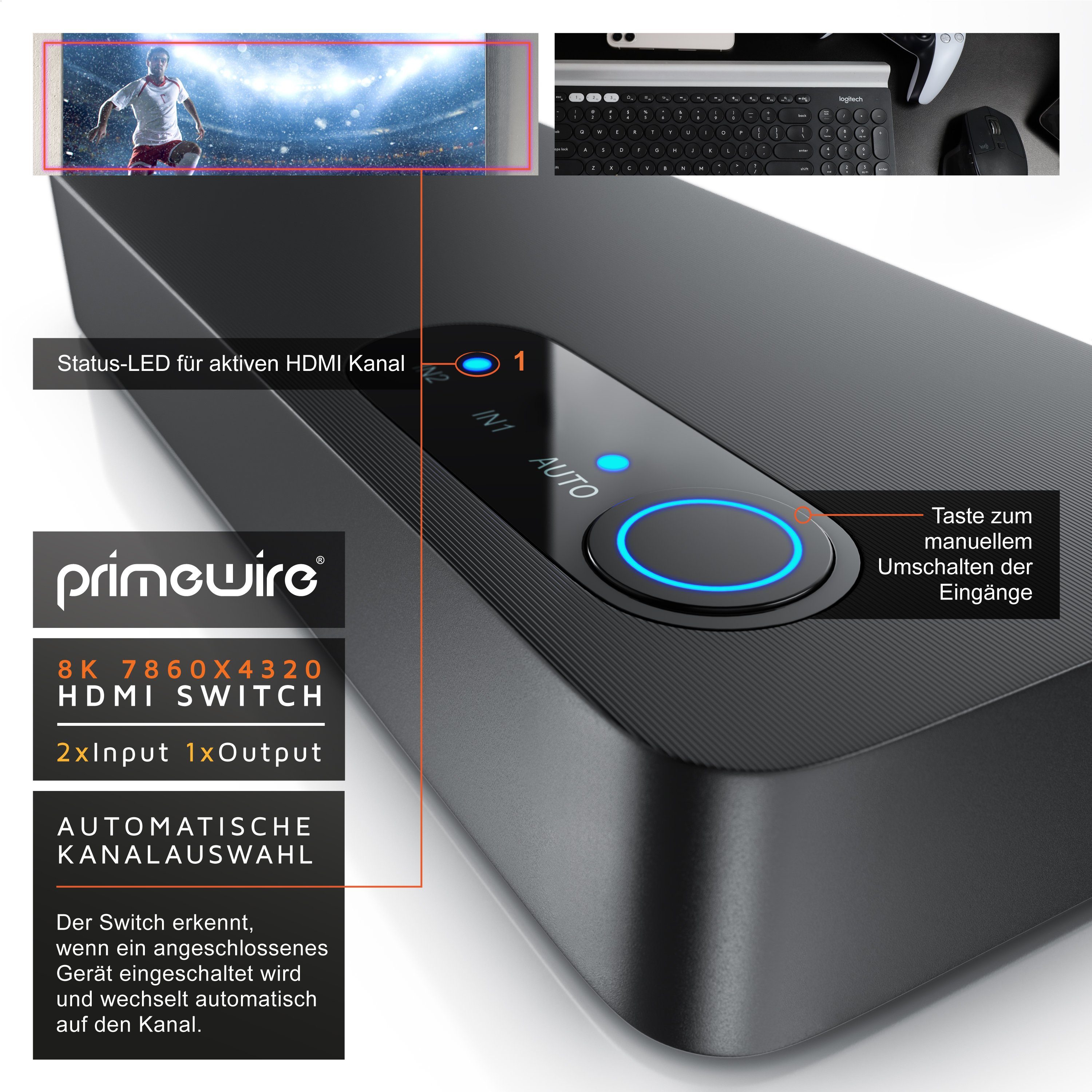 Primewire Audio / Video Matrix-Switch, 2-Port HDMI Splitter, 8K Aluminium HDMI Switch 2 in 1 Out UHD