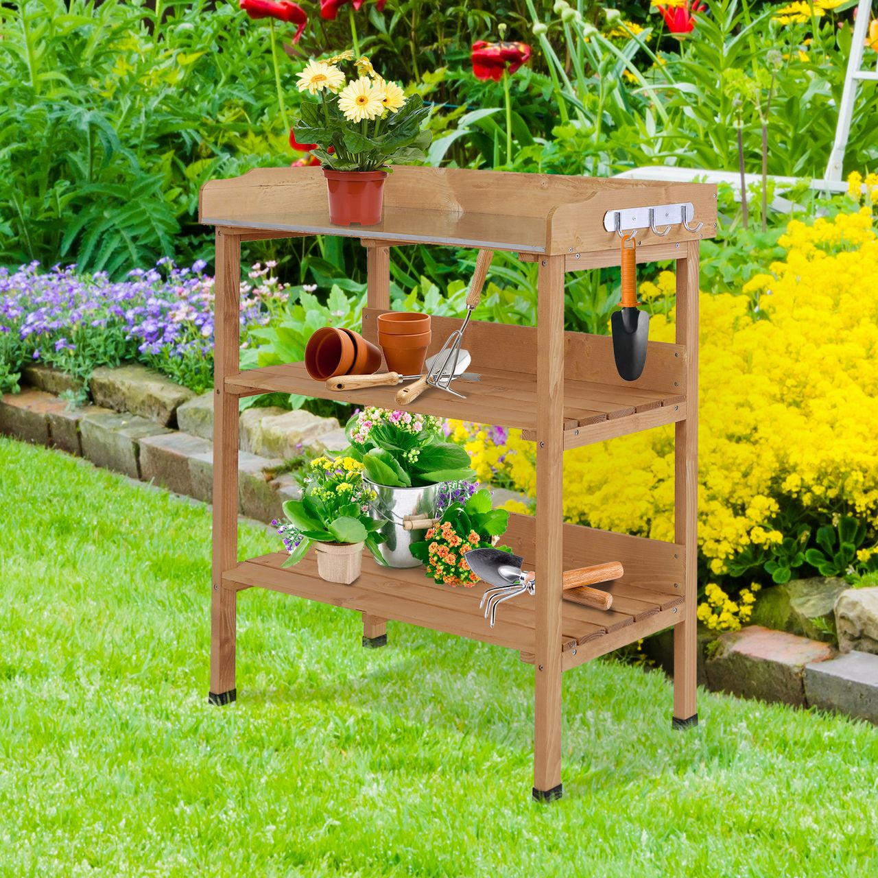 Outsunny Pflanztisch Gärtnertisch Blumentisch mit Metall Arbeitsfläche Garten