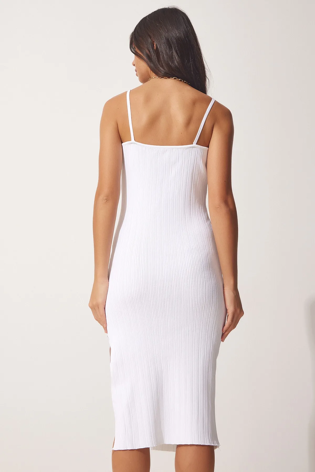 Happiness İstanbul  Damen-Sommerkleid aus weißem Strick mit Riemen MT00138