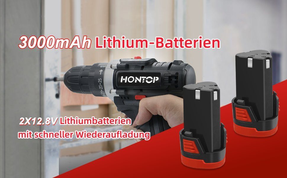 HONTOP Akku-Bohrmaschine Akkuschrauber mit 2 Akkus Bohrschrauber Set 12V 24 Zubehör
