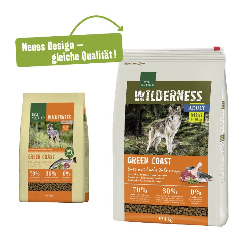 REAL NATURE Hundetrockenfutter REAL NATURE WILDERNESS Mini Adult Green Coast Ente mit Lachs & Shrimps 4 kg