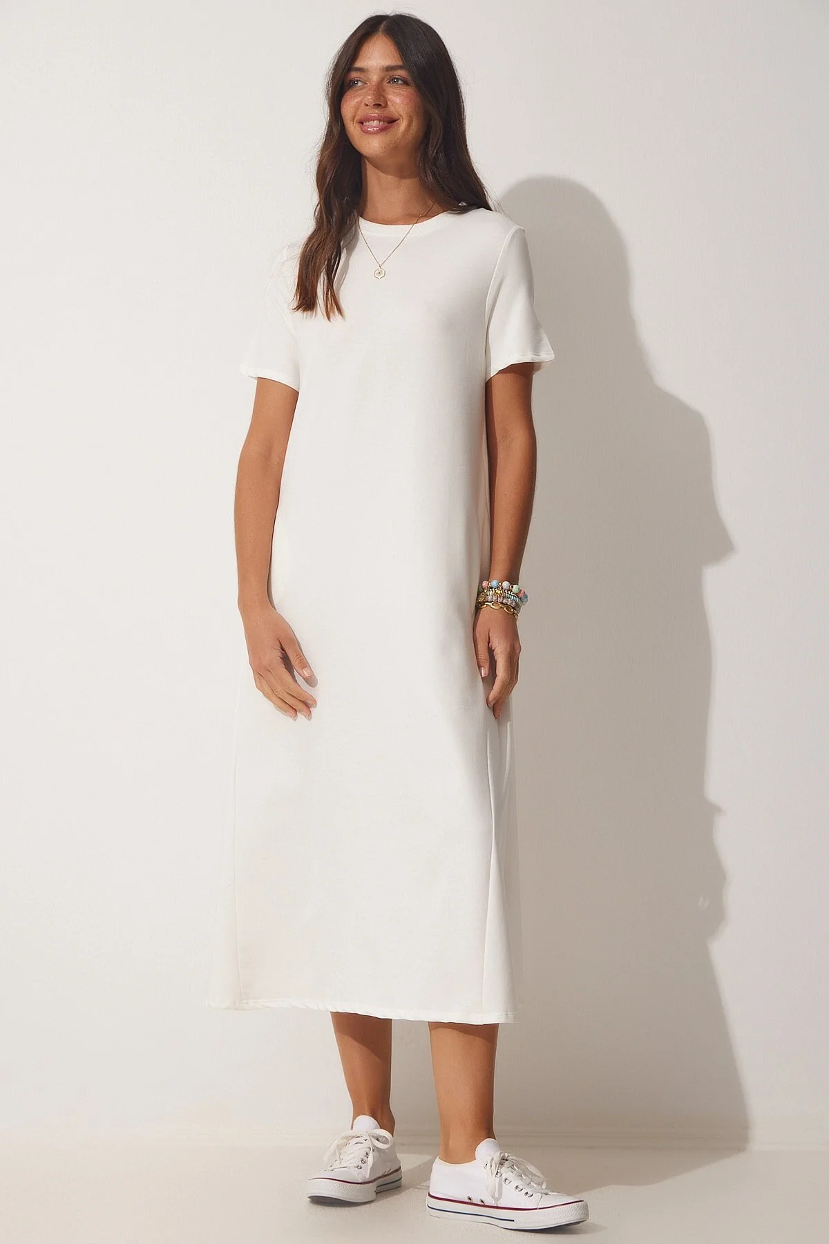 Happiness İstanbul  Ecrufarbenes A-Linien-Sommerkleid aus gekämmter Baumwolle für Damen UB00060