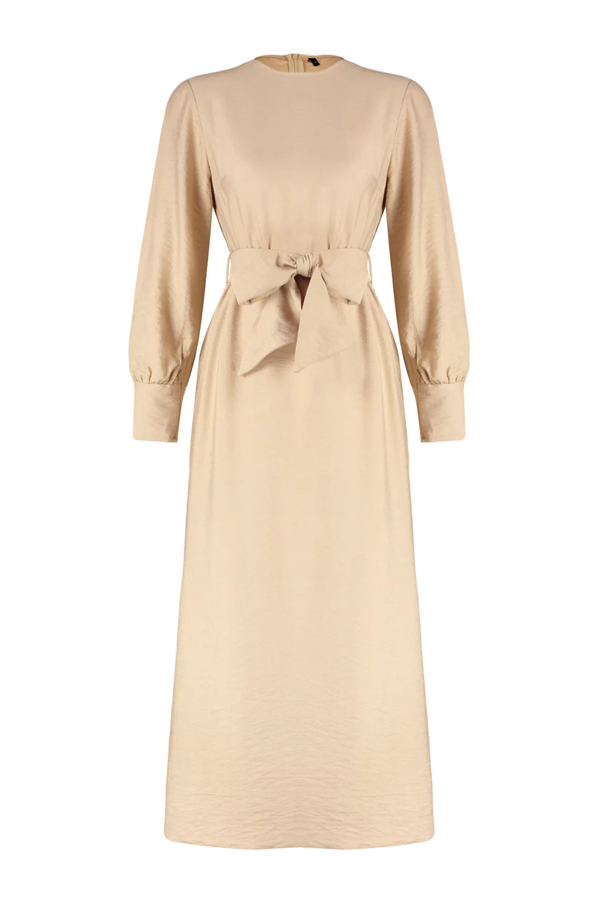 Trendyol Modest  Hellbraunes Kleid in Leinenoptik mit breitem Gürtel, Reißverschluss und Manschetten TCTSS23EB00219
