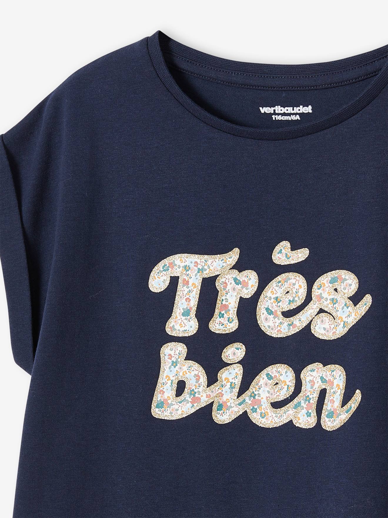 Vertbaudet Mädchen T-Shirt, Blumen-Schriftzug Oeko-Tex - marine/tres bien
