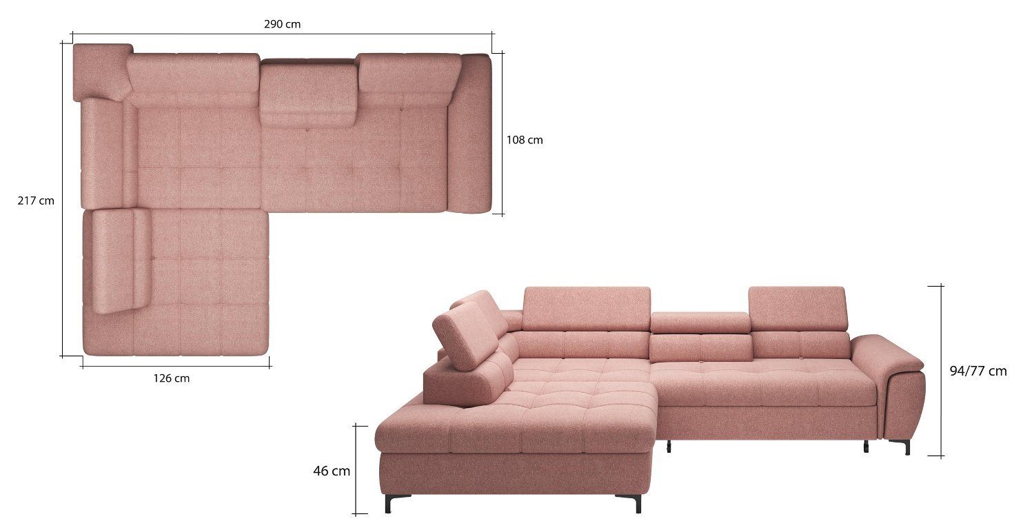 JVmoebel Ecksofa L-Form Sofa Couch Design Polster Schlafsofa Textil Bettfunktion Textil, Mit Bettfunktion