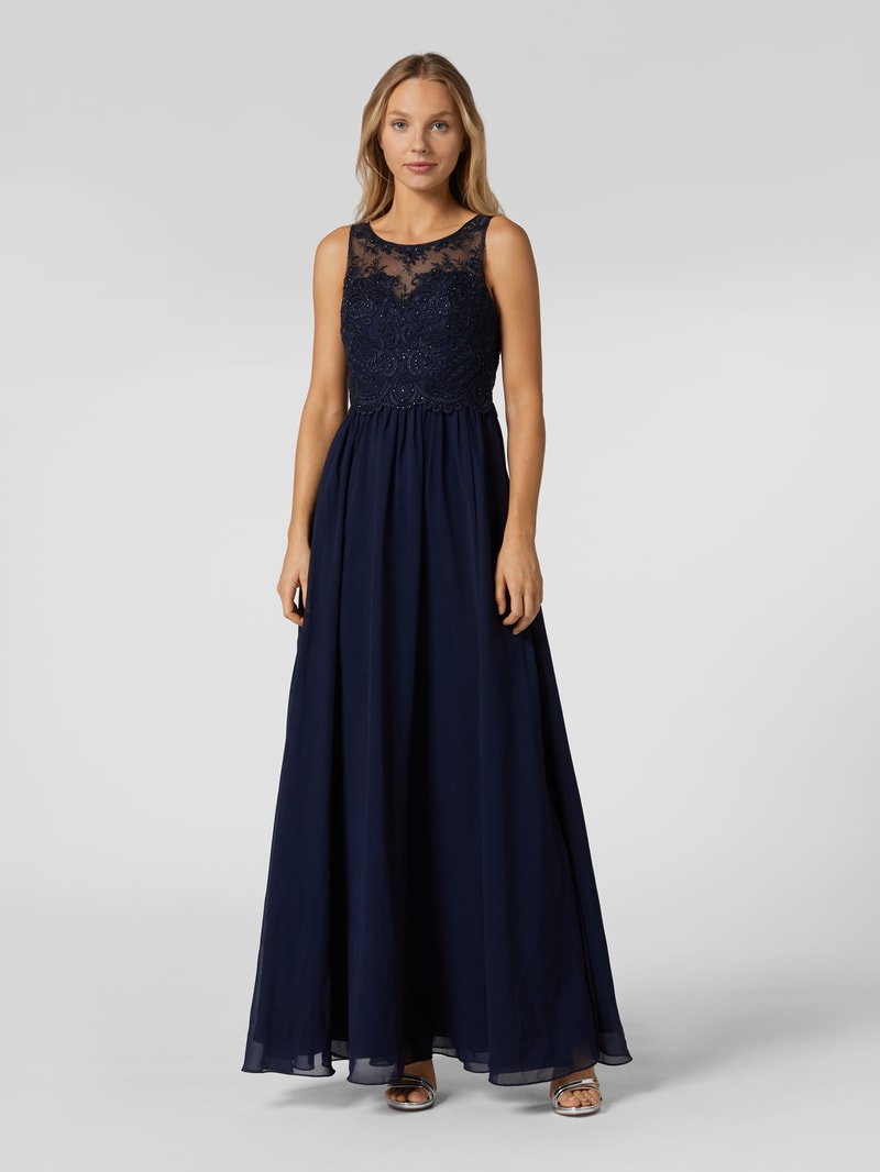 Abendkleid mit Ziersteinen und floralen Stickereien in dunkelblau