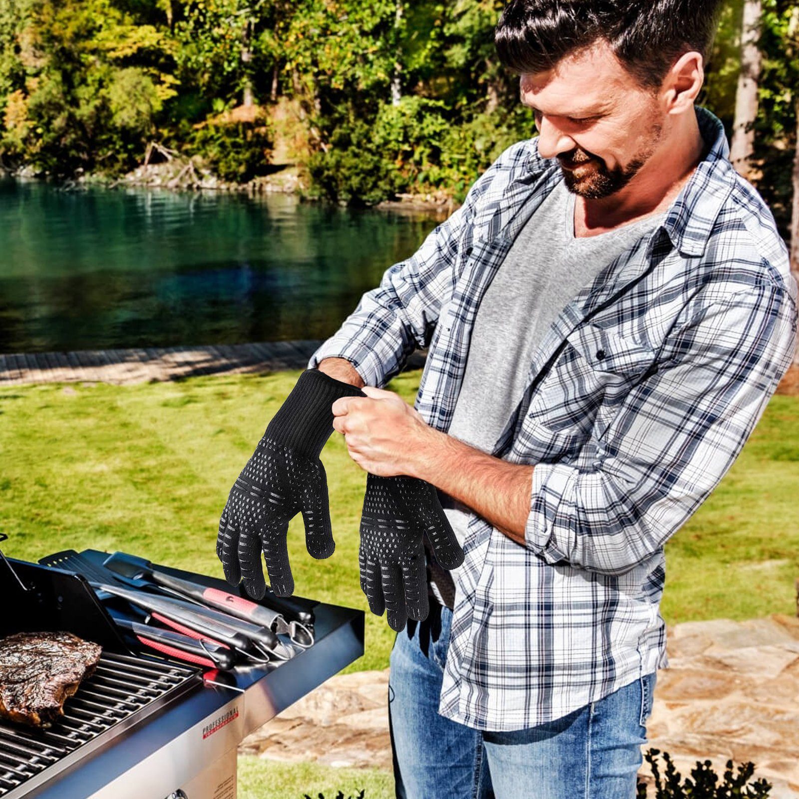 CALIYO Grillhandschuhe Grillhandschuhe Hitzebeständig 800 Grad, mit Silikonbeschichtung, Rutschfeste Waschbare, für Grill,BBQ,Backen