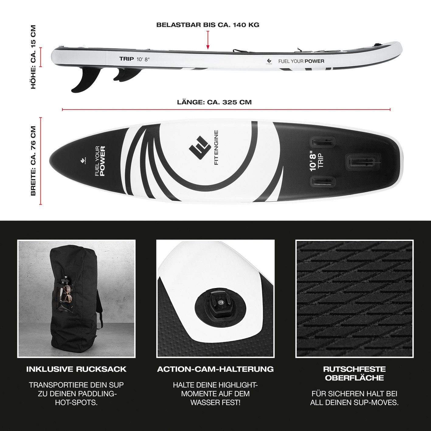 FitEngine Inflatable SUP-Board XXXL Stand Up Paddle Board inkl. Zubehör, Groß Stabil 325cm 140kg Board aufblasbar Paddel