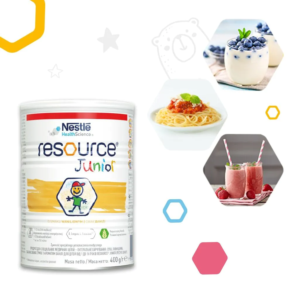 „Resource Junior“, miltelių pavidalo dieta vaikams nuo 1 metų amžiaus, vanilės skonio