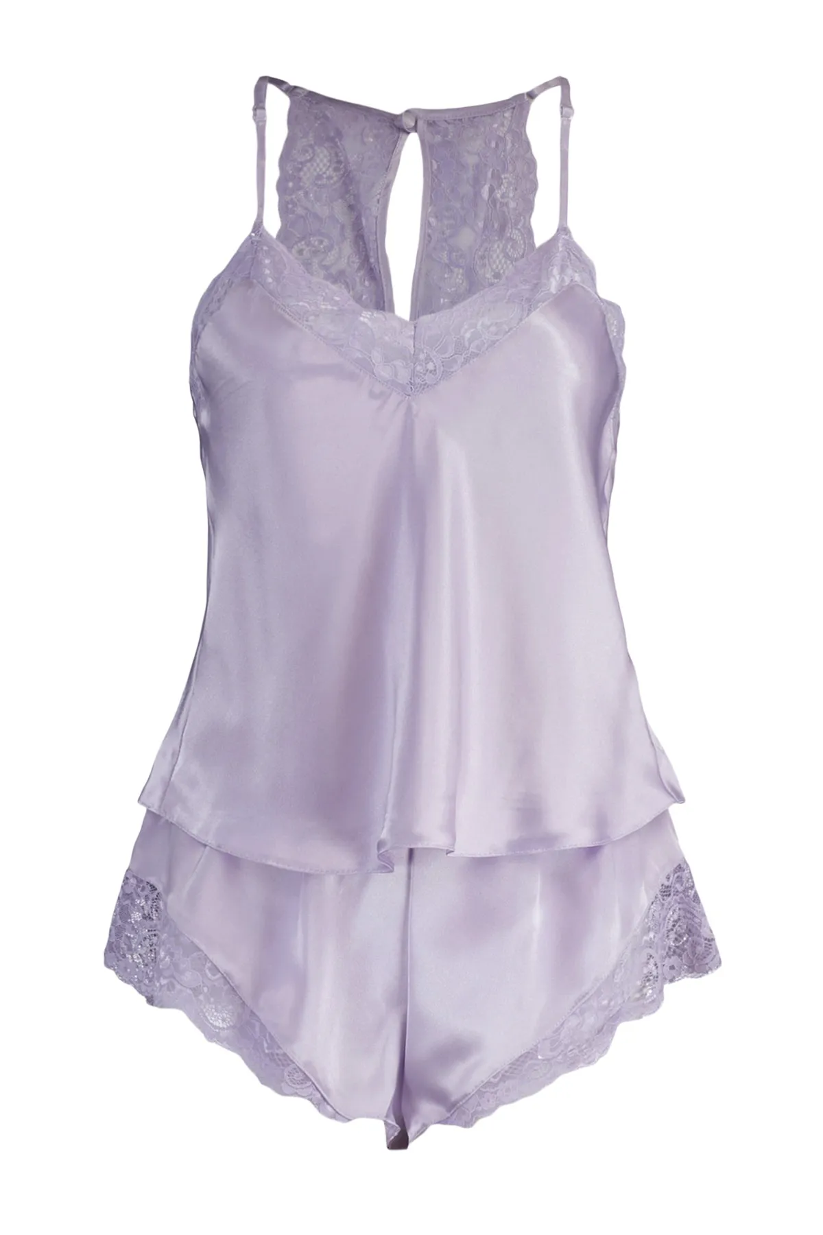 Trendyol Collection  Lila Pyjama-Set aus gewebtem Satin mit Spitzendetails und Seilträgern THMSS22PT0269