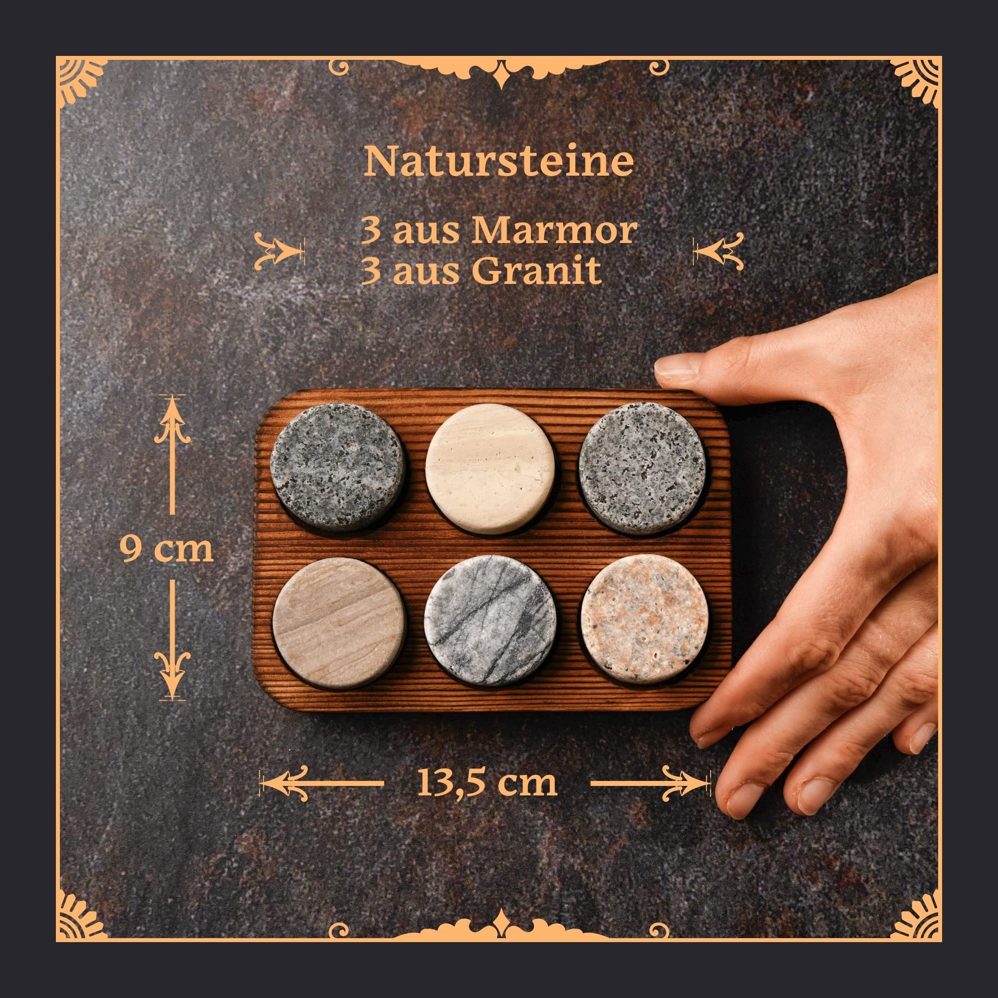 GOURMEO Whiskyglas Whiskey Steine Set: 6 Marmor, 3 Granit, Holzpräsentationsschale, Holz, Whiskey Steine Set: 6 Marmor und 3 Granit mit Holzpräsentationsschale