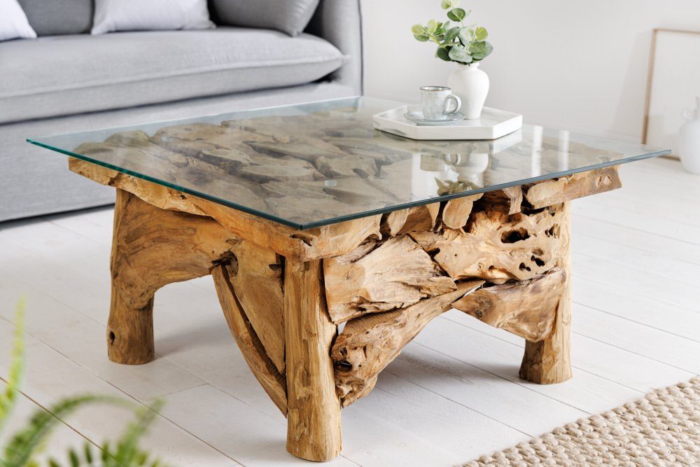 riess-ambiente Couchtisch RIVERSIDE 80cm transparent / braun (Einzelartikel, 1-St), Wohnzimmer · Massivholz · Sicherheitsglas · Handarbeit · Maritim