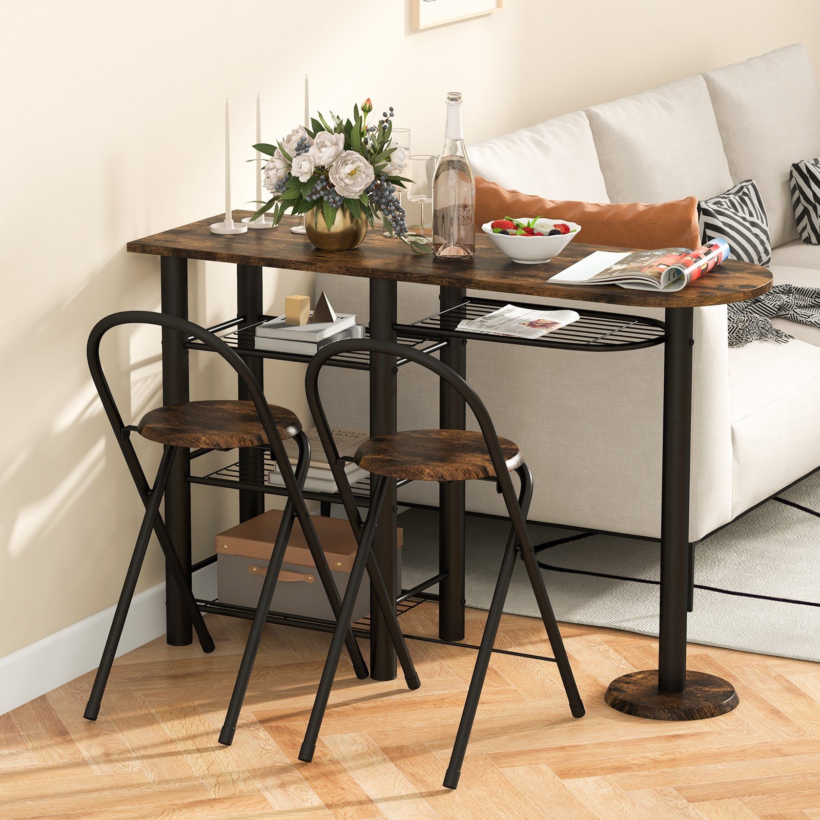 COSTWAY Bartisch (3-St), mit 2 Barhocker und 4-stufigem Regal, für 2 Personen