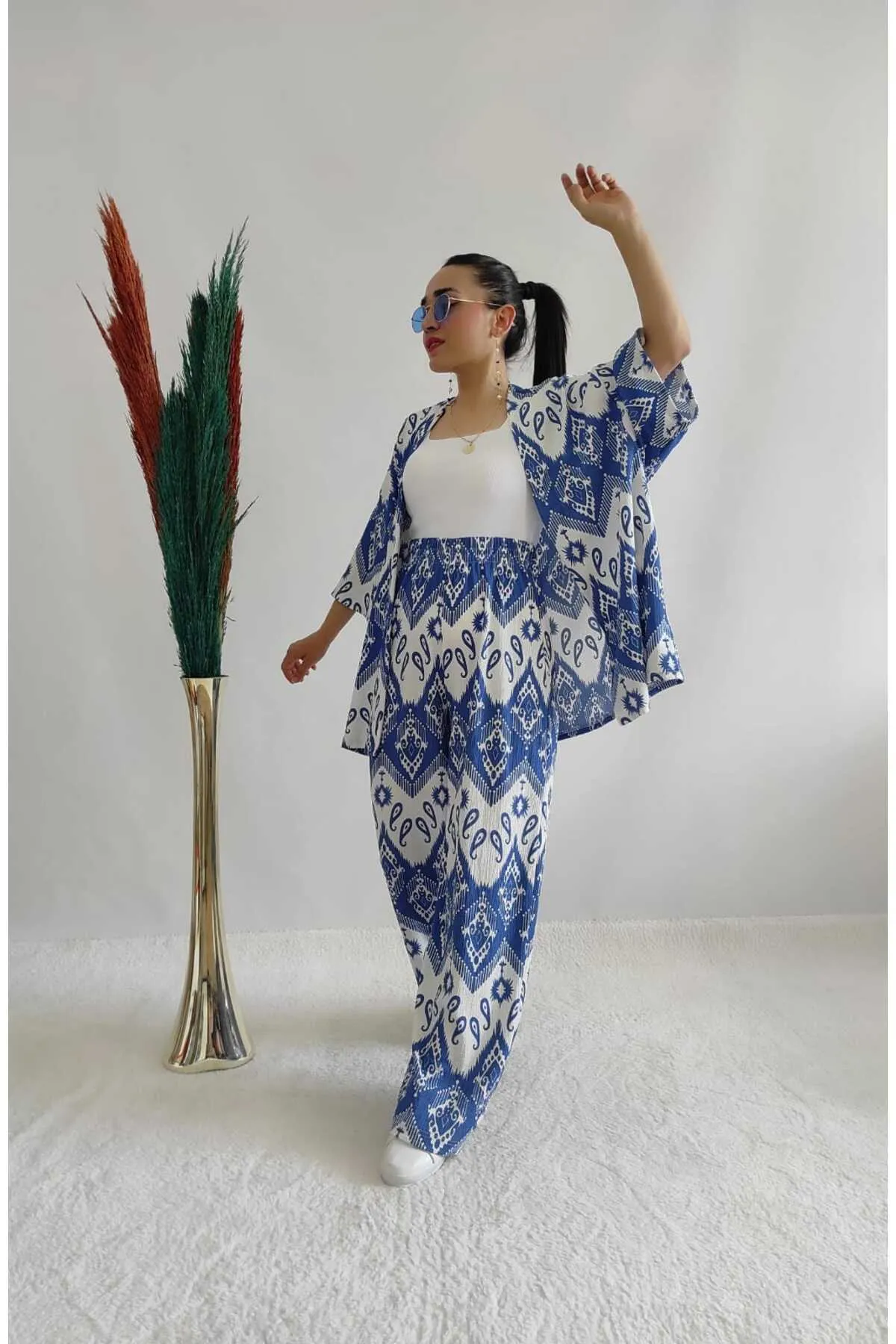 ZF BUTİK  Größe 10 Modisches gemustertes Doppel-Kimono-Set (bequeme Passform) 10nmr170