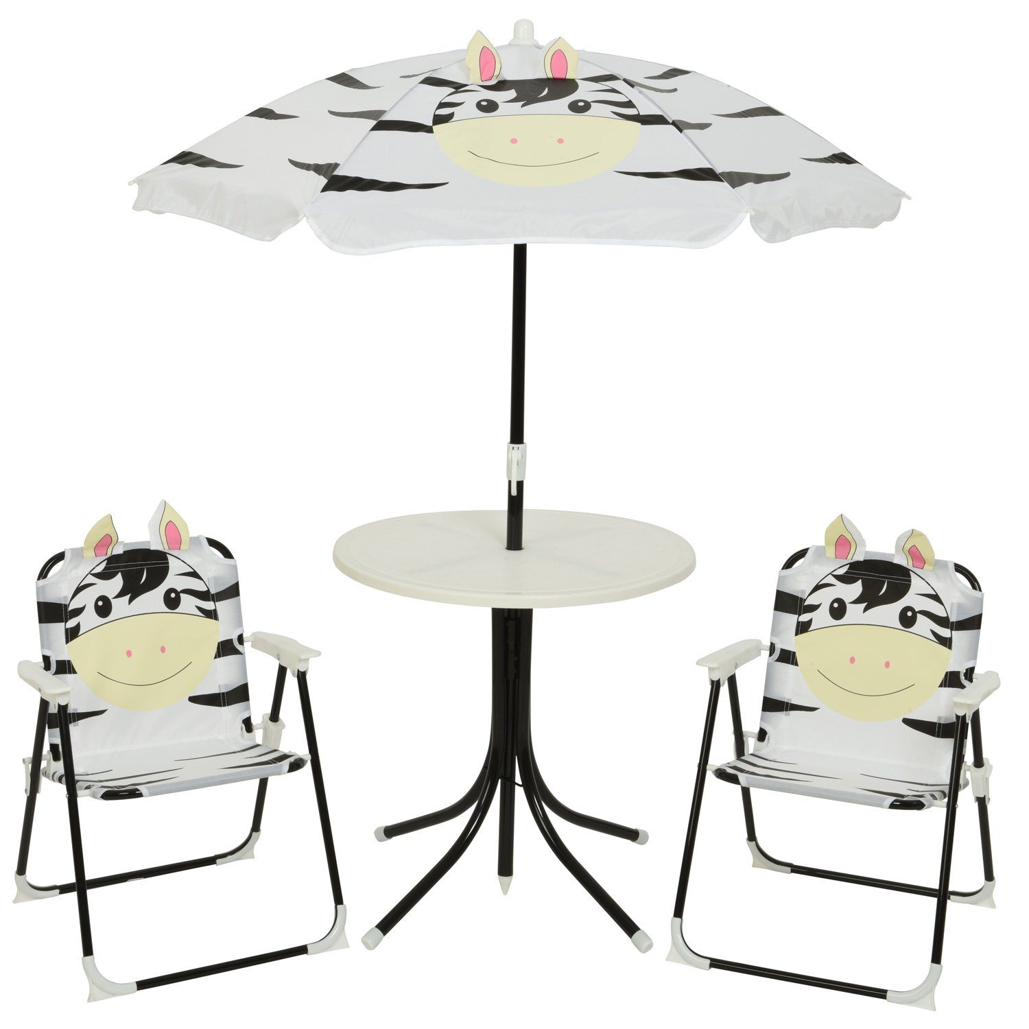 MARELIDA Kindersitzgruppe Zebra MORTY 2 Stühle Tisch Sonnenschirm Gartenmöbel für Camping 4tlg., (4-tlg)