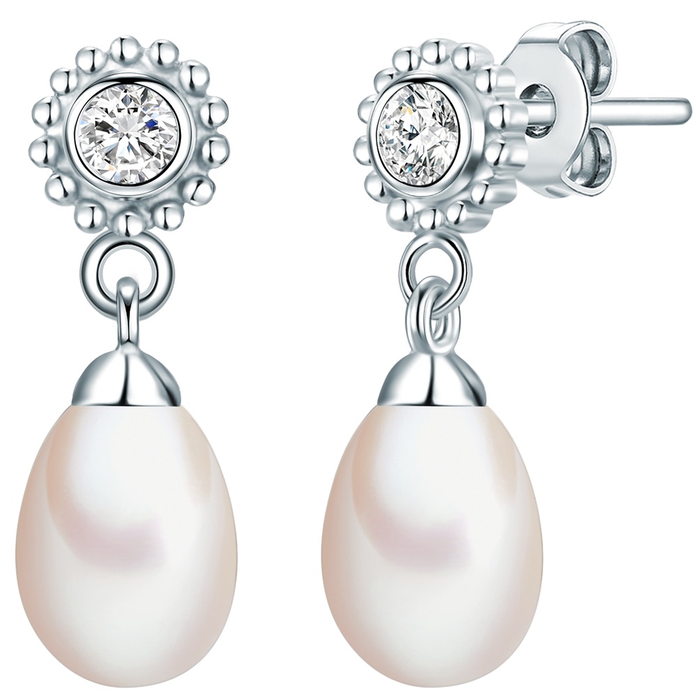 Valero Pearls Puce d'oreille en perle Fleur Argent sterling Oxyde de zirconium (CZ) Perle de cu Boucles d'oreilles