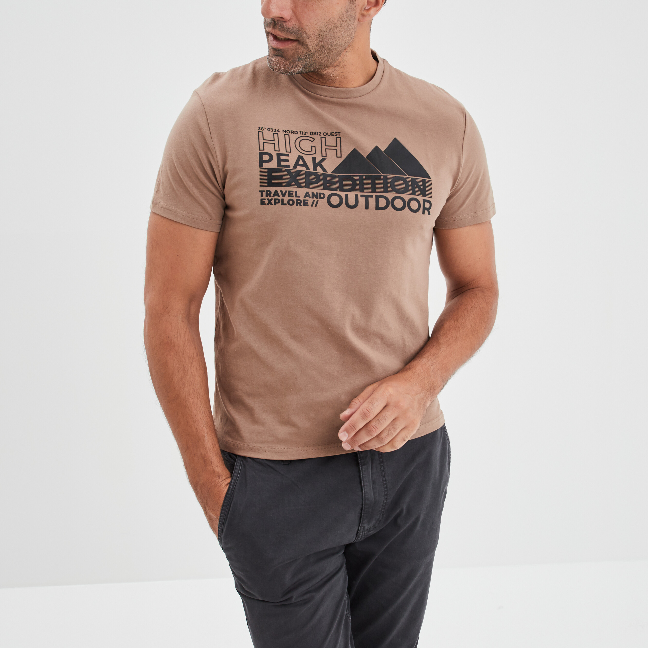 T-shirt manches courtes coton Liberto marron homme | La Halle