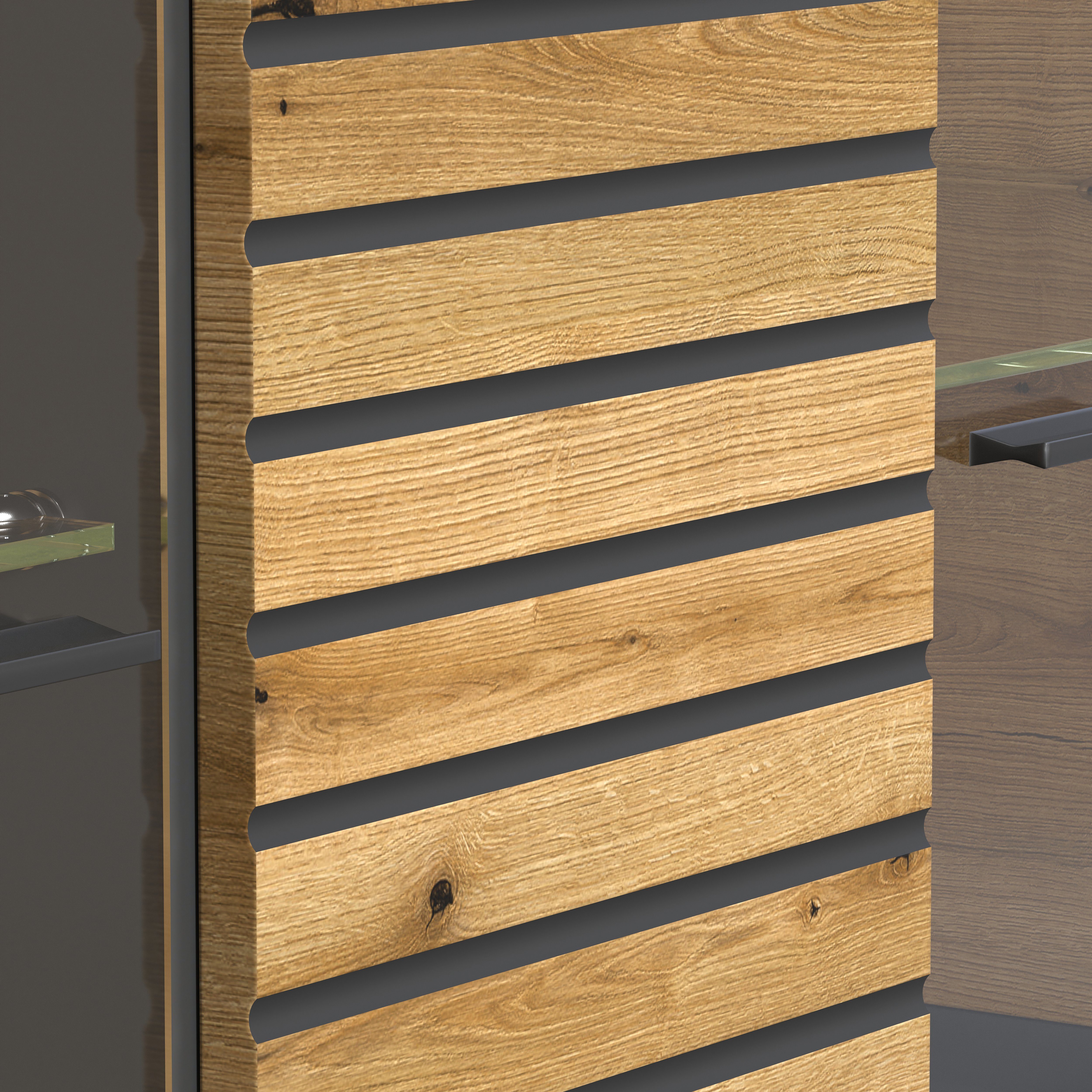 INOSIGN Wohnwand NORRISWW, (Set, 3-St), Wohnwand-Set in Anthrazit mit Coast Evoke Eiche, Türen mit Soft-Close