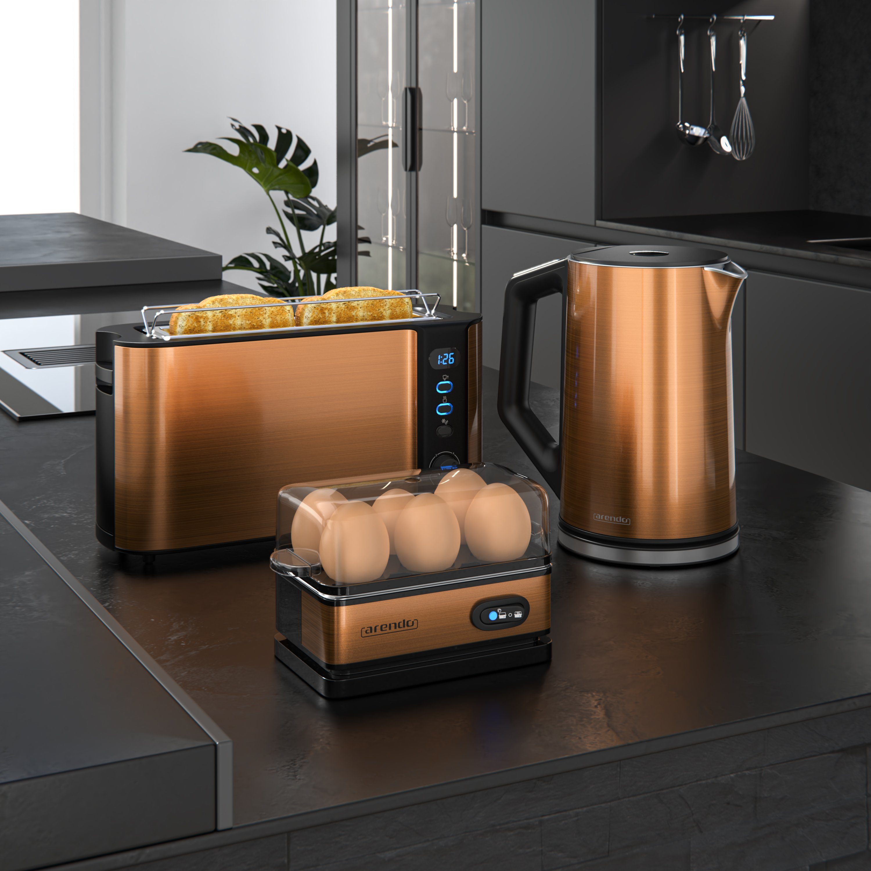 Arendo Frühstücks-Set (3-tlg), Wasserkocher 1,5l, 2-Scheiben Toaster, 6er Eierkocher, Kupfer