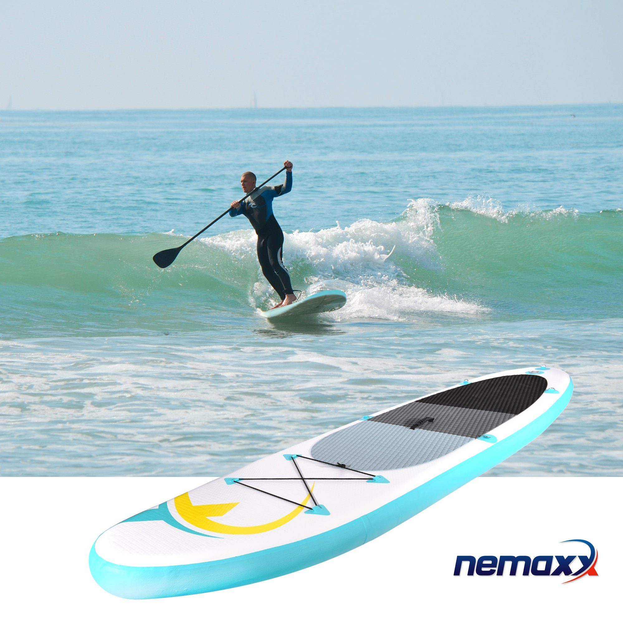 NEMAXX Inflatable SUP-Board, Nemaxx PB320 Stand up Paddle Board 320x78x15cm, türkis/gelb - Surfbrett, Surf-Board - aufblasbar & leicht zu transportieren - inkl. Tasche, Paddel