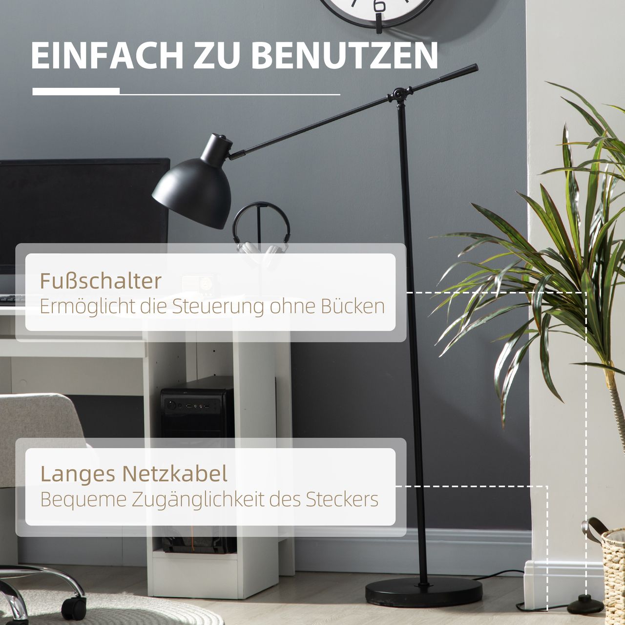 HOMCOM Stehlampe höhenverstellbar, schwenkbar Stehleuchte, 40 W Standlampe exkl. Leuchtmittel, Leselampe Bogenlampe mit E27 Sockel, für Wohnzimmer, Schlafzimmer, Schwarz