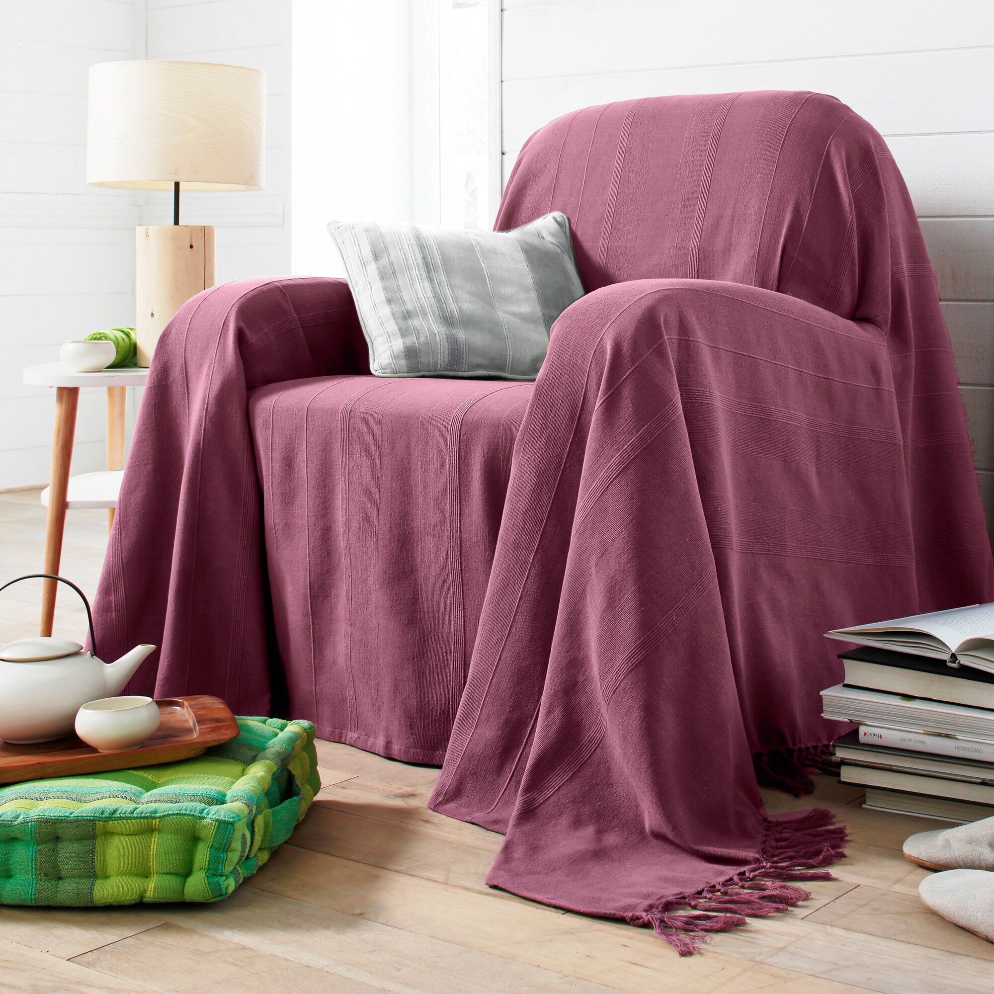 Plaid ou jeté uni coton tissage artisanal