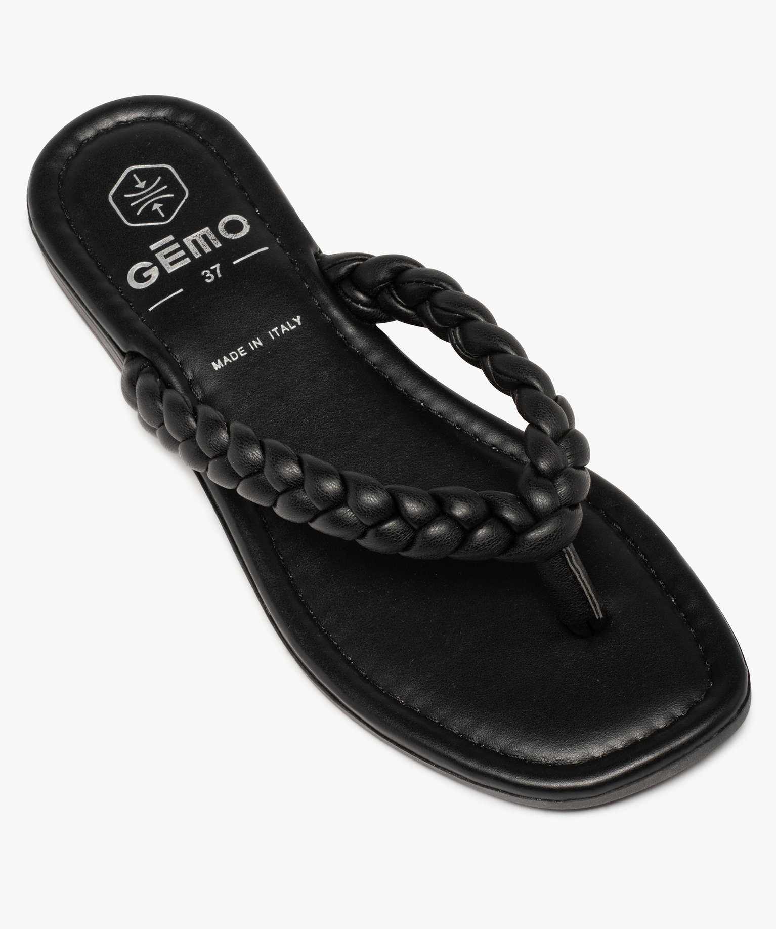 Tongs femme à brides tressées et talon plat noir | GEMO