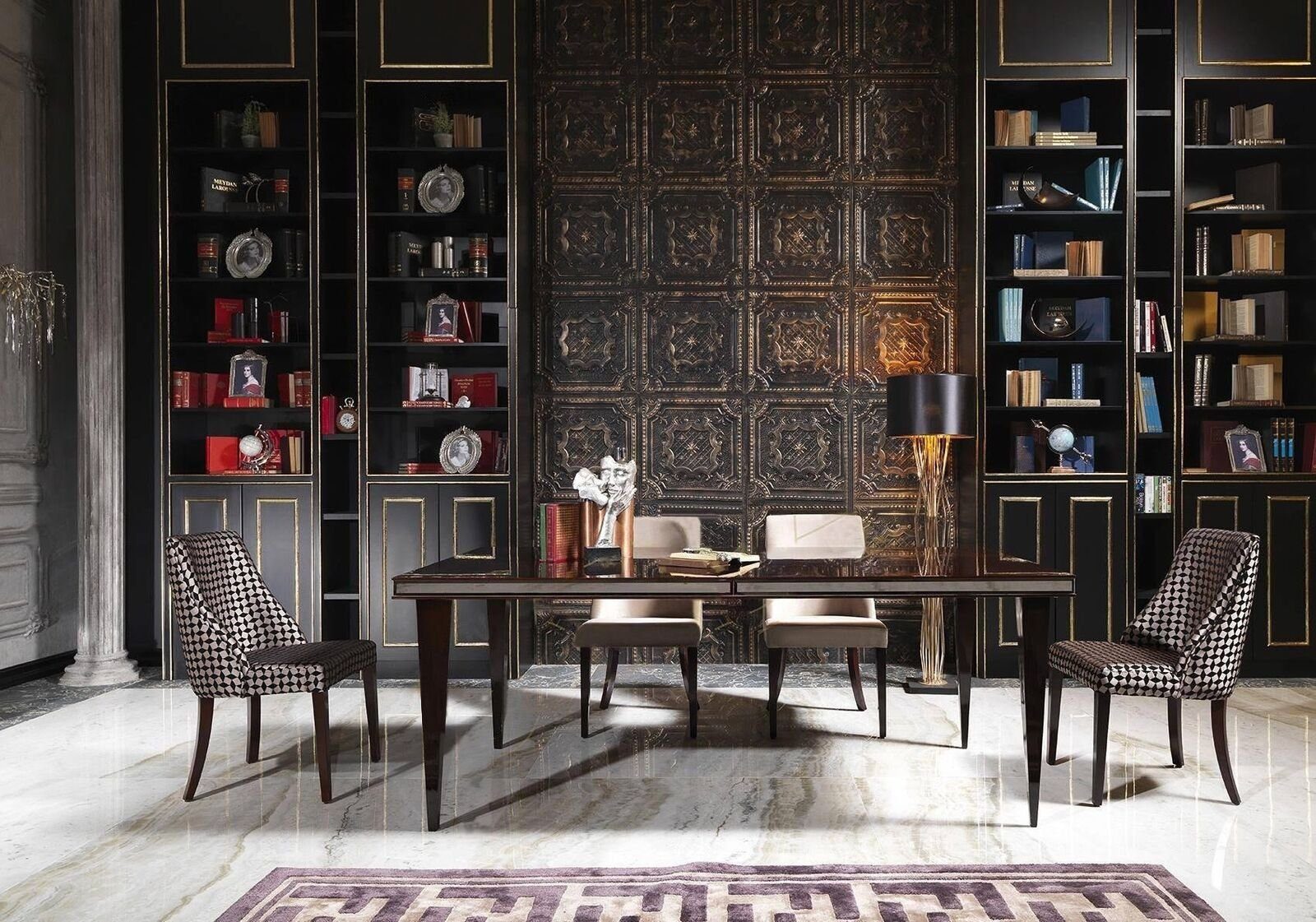 JVmoebel Esszimmer-Set Essecke Esszimmer Essgruppe Luxus Esstisch Stühle Schwarz Holz 9tlg, (9-St., 1x Esstisch+6x Stühle+1x Sideboard+1x Spiegel), Made in Europa
