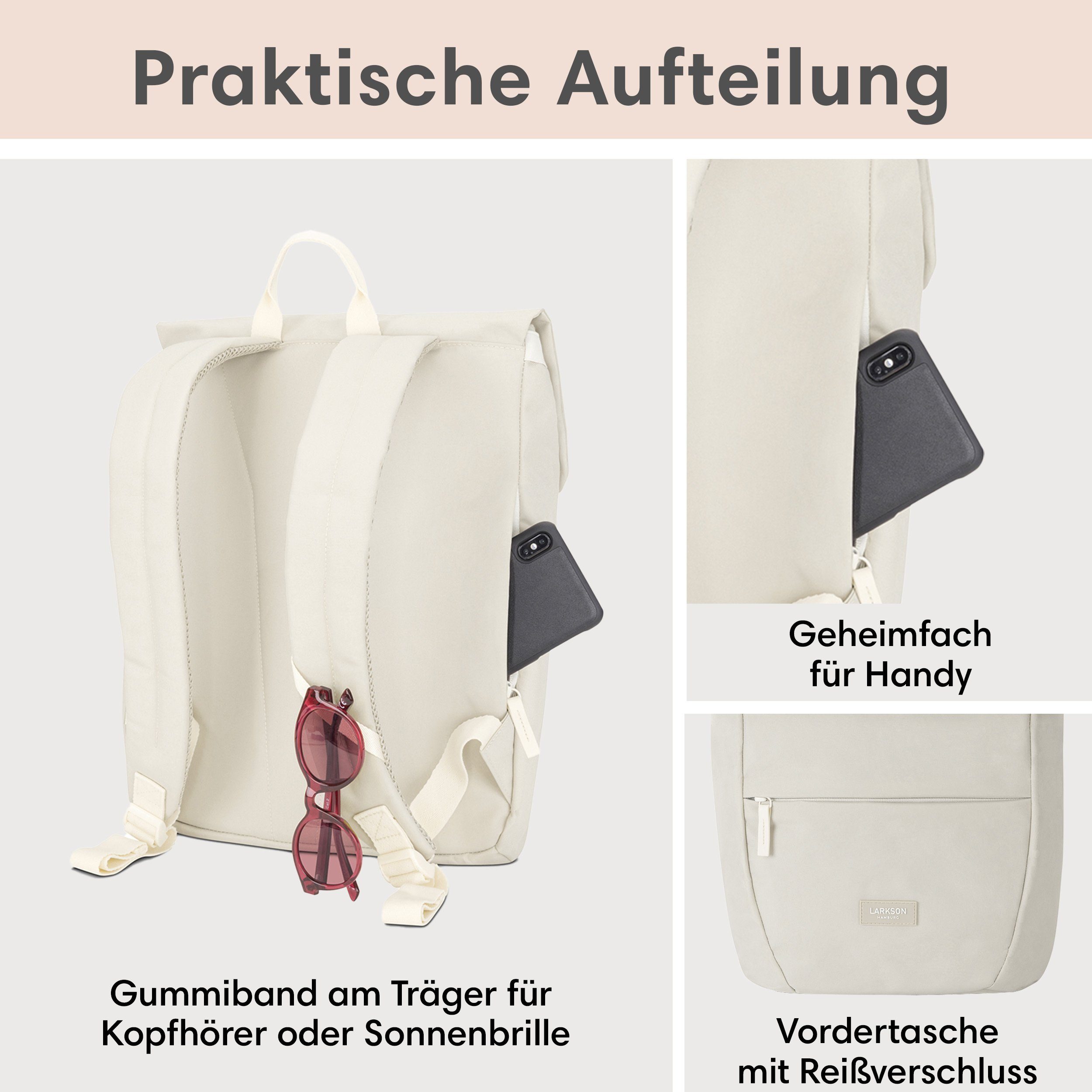 LARKSON Cityrucksack Ronja Laptop Rucksack Damen Herren Klein Elegant, Magnetverschluss, Laptopfach, Wasserabweisend