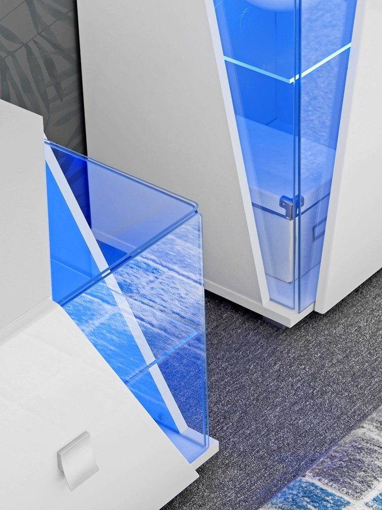 Stylefy Wohnwand Edgar Weiß Hochglanz, Weiß Matt, (Wohnmöbel, Wohnzimmer-Set, Set (4-St), bestehend aus 2xStandvitrine, 1xLowboard und 1xWandboard, Modern, aus Holzwerkstoff, inkl. LED-Beleuchtung, mit Glaseinsatz, Hochglanzfronten
