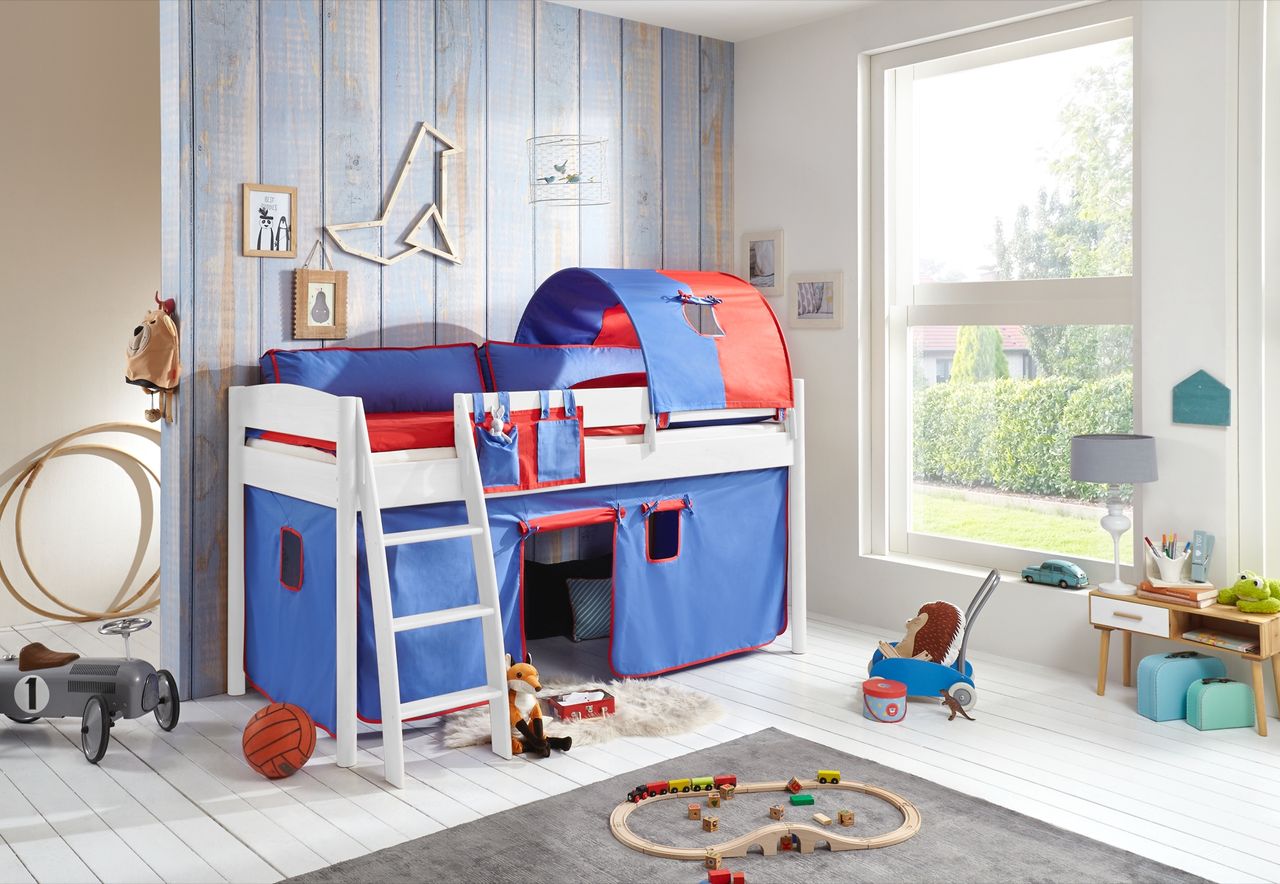 Relita Halbhohes Bett MICHELLE 90x200 cm Buche massiv weiß lackiert, mit Textilset Vorhang, 1-Tunnel, Tasche blau/rot