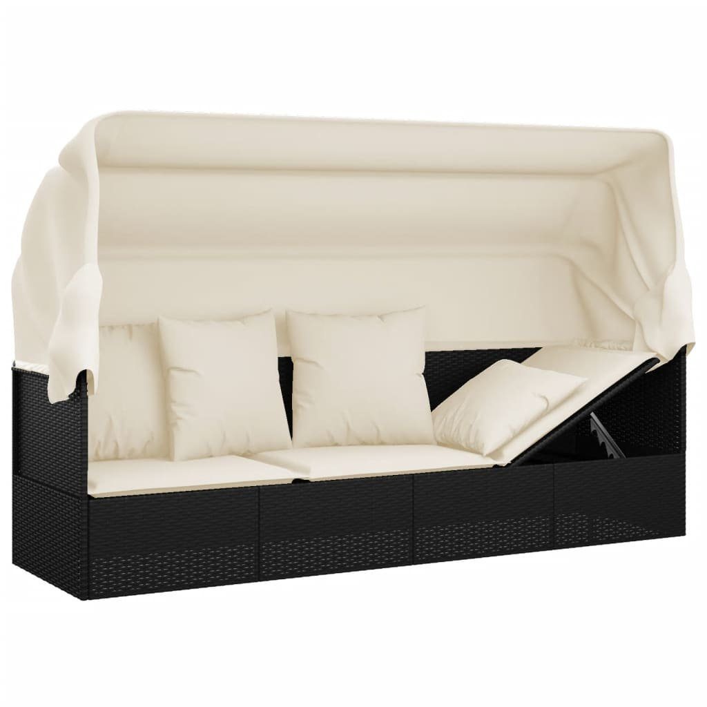 vidaXL Gartenliege Outdoor-Loungebett mit Dach und Kissen Schwarz Poly Rattan, 1 St.