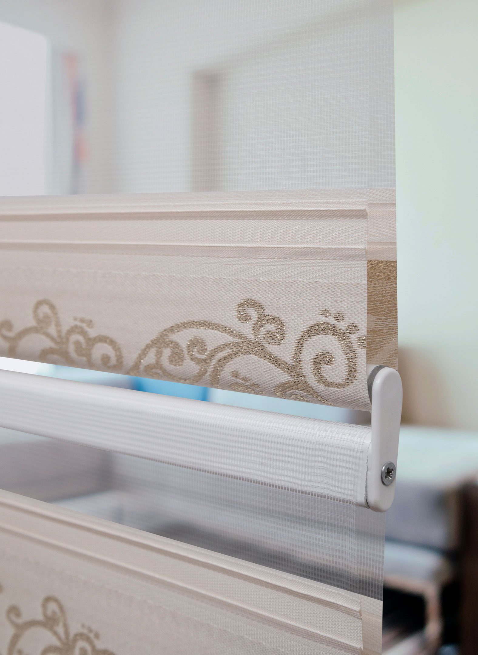 Doppelrollo Doppelrollo Duorollo Klemmfix ohne Bohren 1533 mit Perlen, Plisseeonline, blickdicht, Klemmfix Montage am Fensterrahmen, Freihängend, Klemmfix, Motiv, Weiß, Grau, Gold, Schwarz