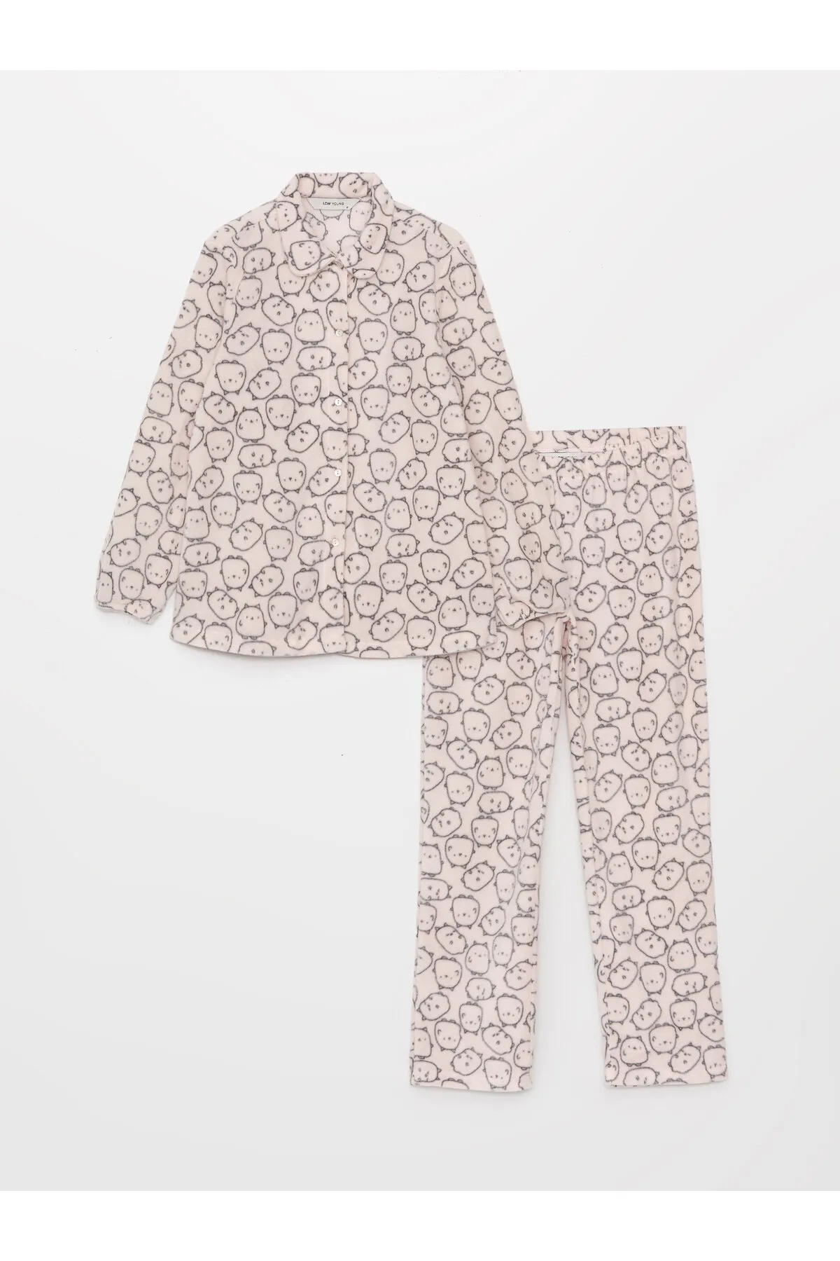 LC Waikiki  Damen-Pyjama-Set aus gemustertem Hemdkragen mit langen Ärmeln aus Fleece