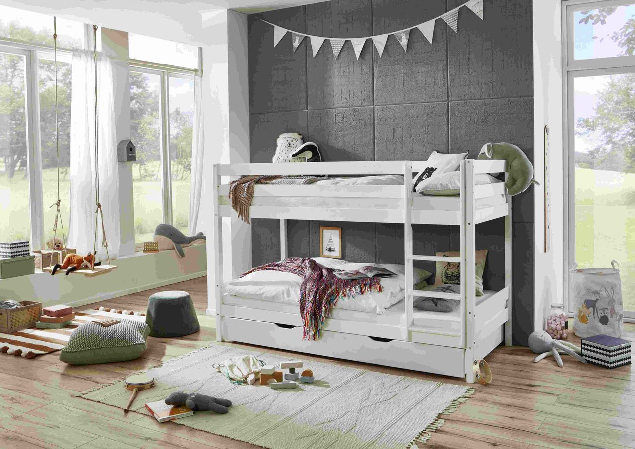 Relita Etagenbett Lupo mit 2 Liegeflächen 90 x 200 cm und Bettschublade, inkl. 2 Rolllattenroste, Buche massiv weiß lackiert