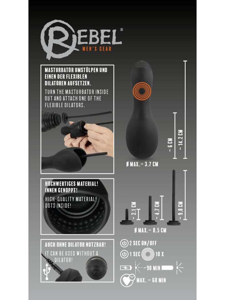 Rebel Masturbator mit Vibration Glans Masturbator with 3 attachable Dilators in schwarz günstig kaufen 14 cm