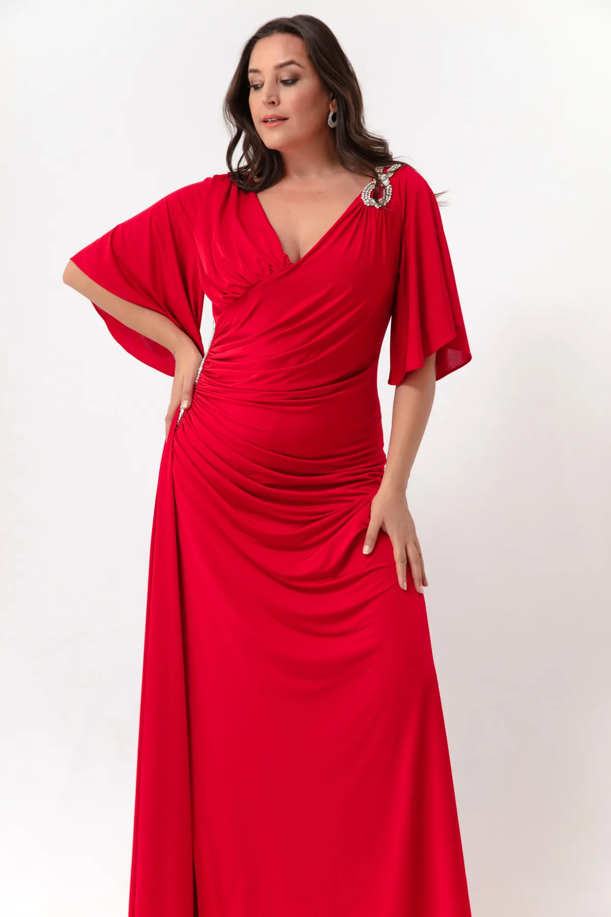 Lafaba  Rotes Abendkleid mit kurzen Ärmeln und Schlitz für Damen in Übergröße