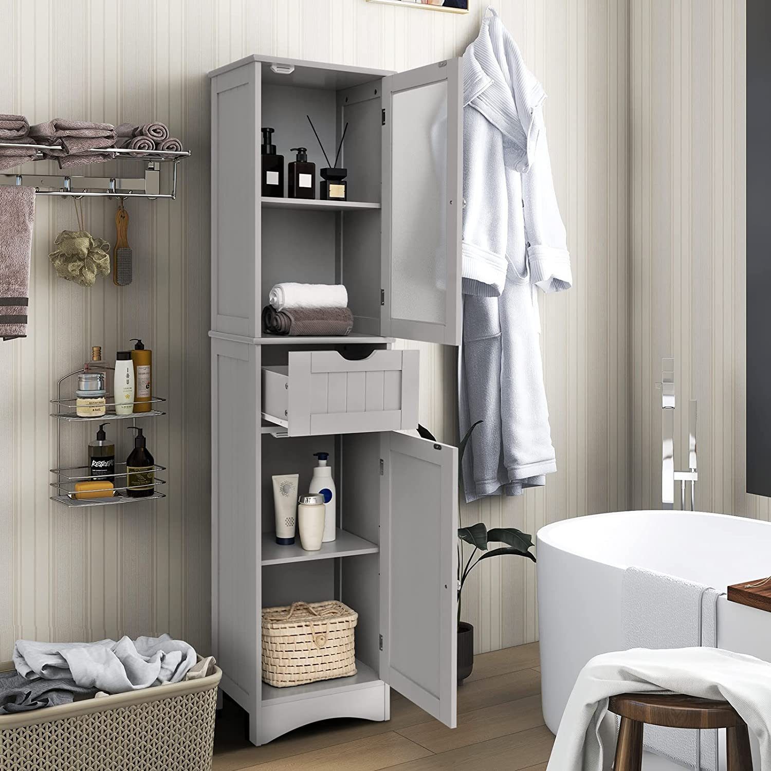 COSTWAY Hochschrank Bad, mit Schublade, 4 Fächern & Glastür, schmal, Holz, 170cm