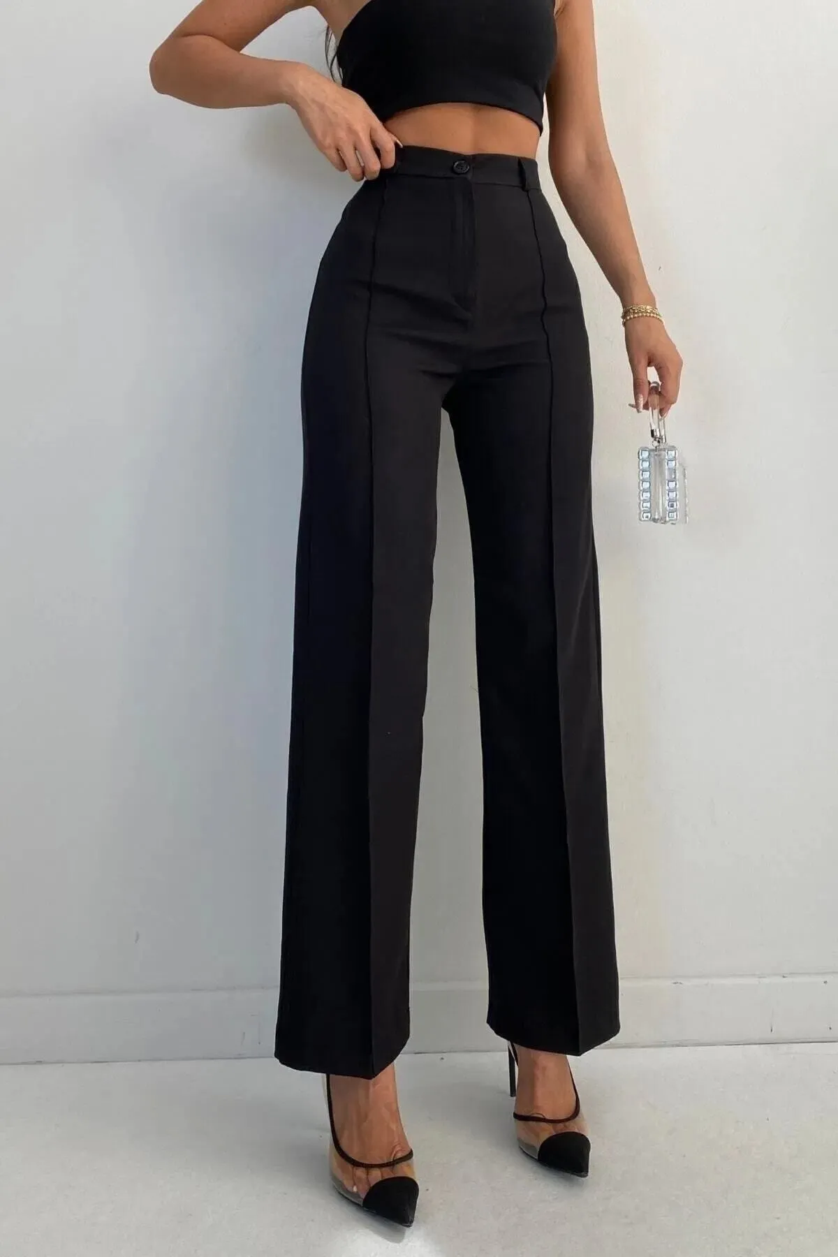 ELLEGANT  Schwarze Palazzo-Hose für Damen mit hoher Taille, gerippten Nähten und Raffungen für die neue Saison