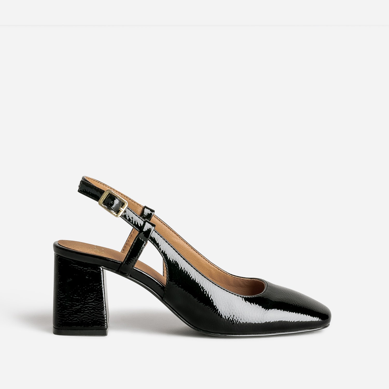 Escarpin slingback noir verni à bout carré
