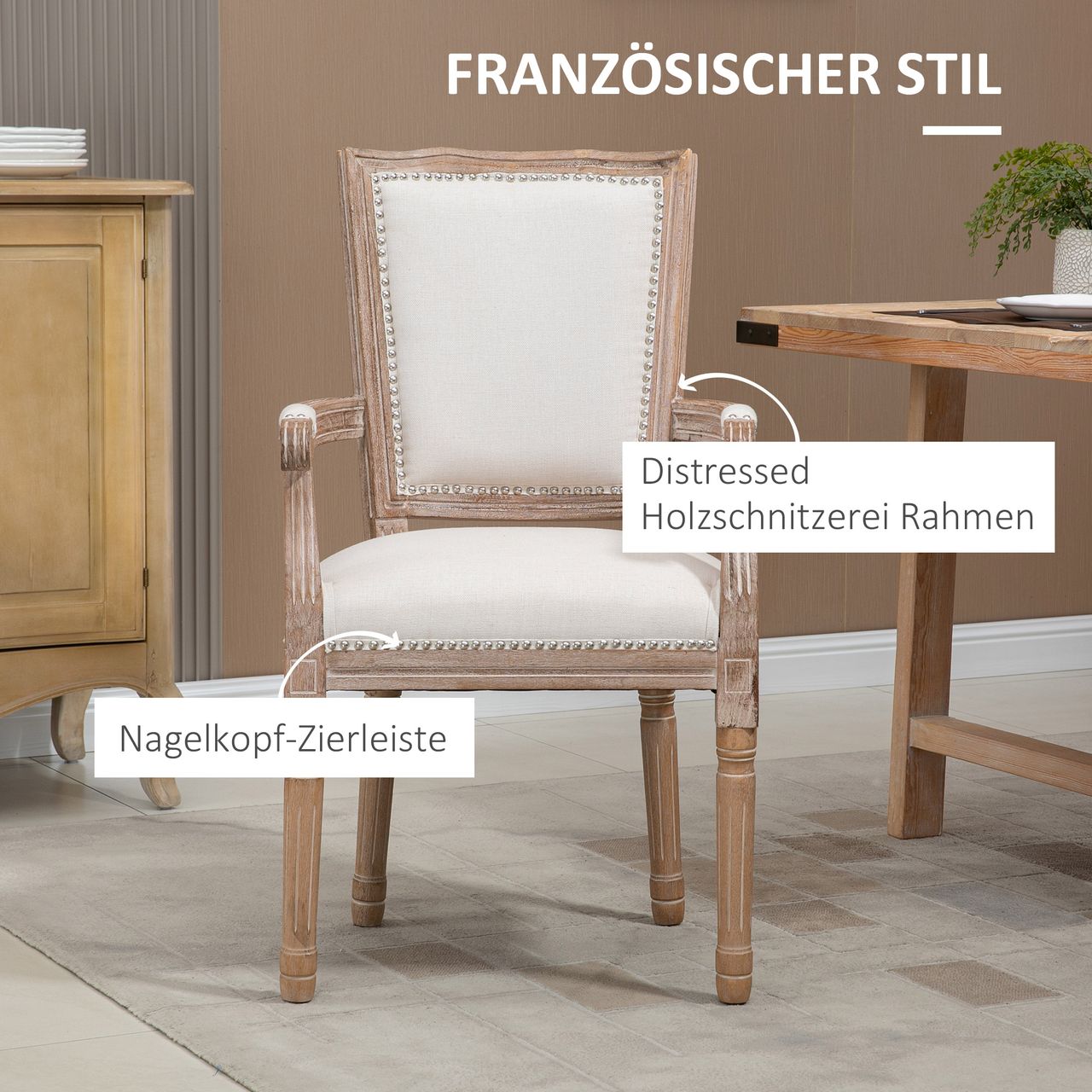 HOMCOM Esszimmerstuhl Küchenstuhl mit Armlehne im Vintage Design Linen Optik