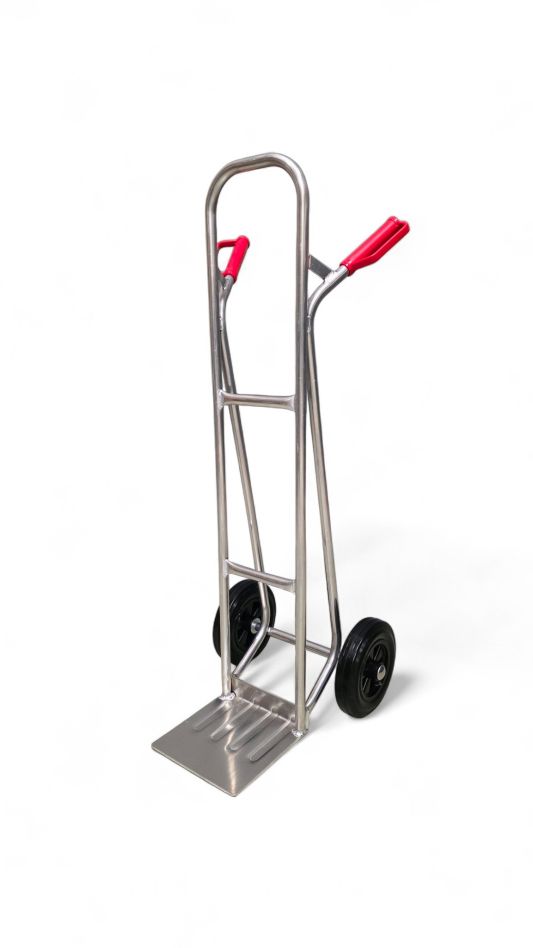 Carretilla de mano Frami 208.011-M para cajas de aluminio, con capacidad de carga de 150 kg y ruedas de goma maciza.