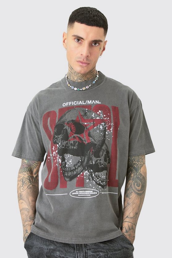 Tall T-Shirt mit Acid-Waschung und Official Totenkopf-Print