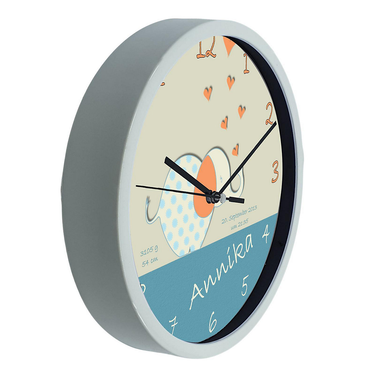 Kinder Wanduhr personalisiert mit Name Elefant orange blau
